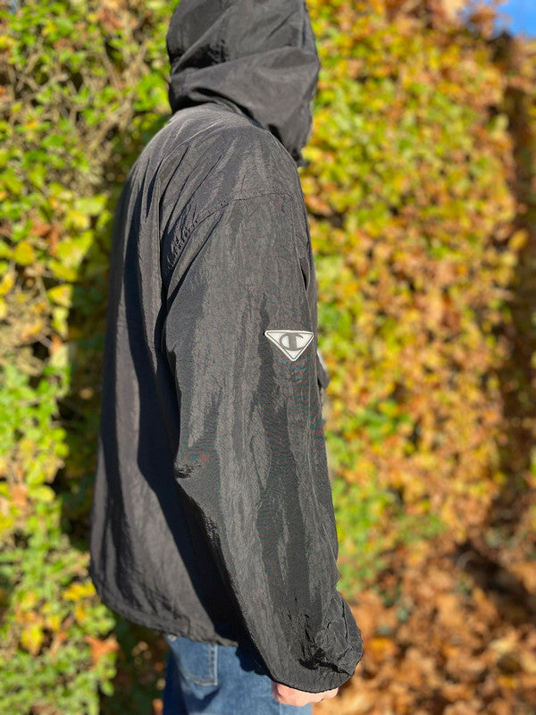 Vintage Champion Pullover 1/2 Zip Fleece Hooded Anorak Jacket In Black - L/Large
