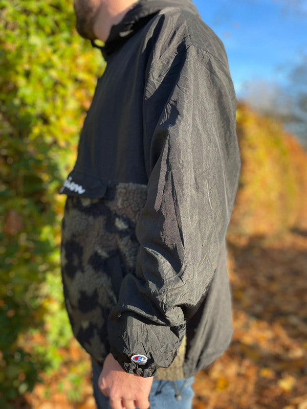 Vintage Champion Pullover 1/2 Zip Fleece Hooded Anorak Jacket In Black - L/Large