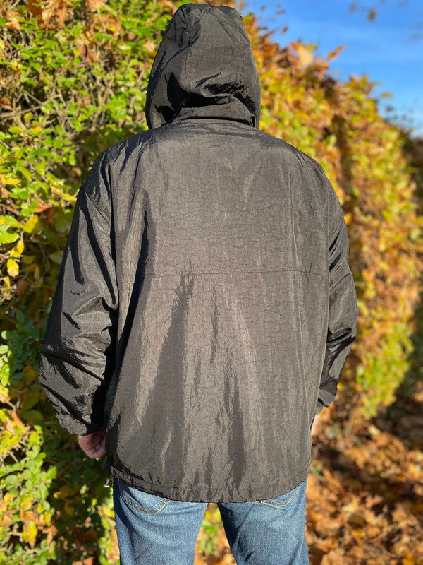 Vintage Champion Pullover 1/2 Zip Fleece Hooded Anorak Jacket In Black - L/Large