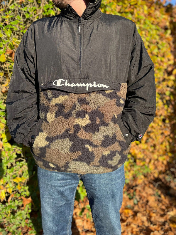 Vintage Champion Pullover 1/2 Zip Fleece Hooded Anorak Jacket In Black - L/Large
