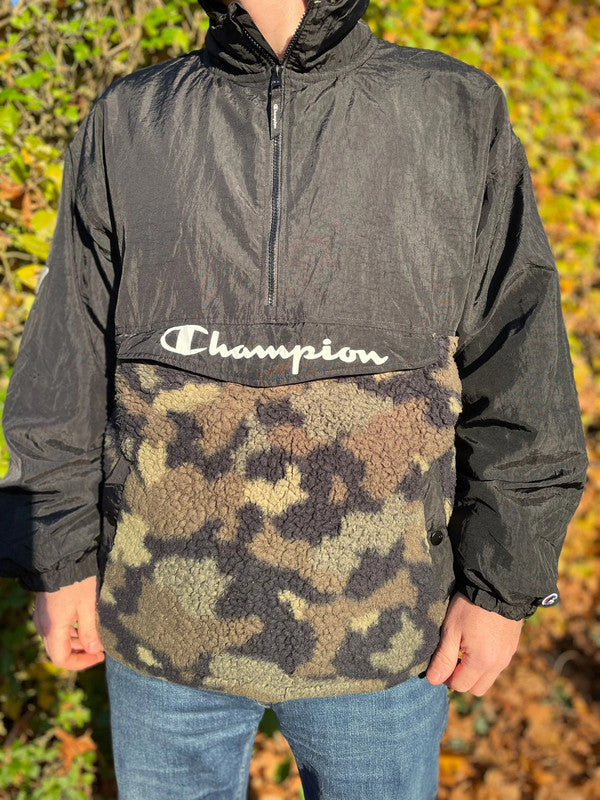 Vintage Champion Pullover 1/2 Zip Fleece Hooded Anorak Jacket In Black - L/Large
