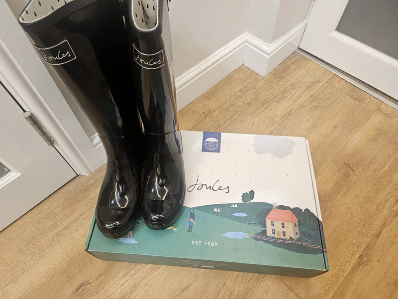 New In Box Joules Field Welly Gloss Black Wellington Boots RRP 59.95 UK 7 / US 9 / EU 40/41