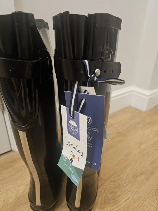 New In Box Joules Field Welly Gloss Black Wellington Boots RRP 59.95 UK 7 / US 9 / EU 40/41