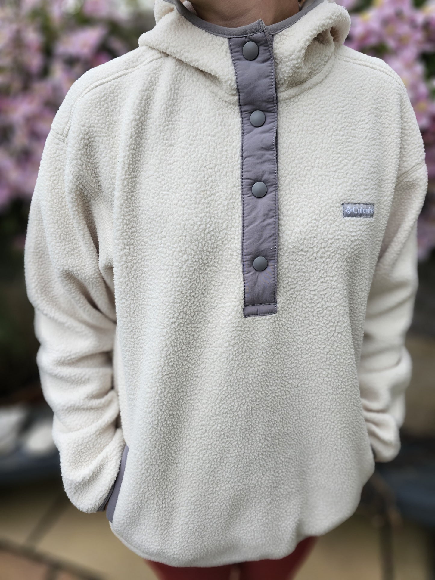 Columbia Hooded Sherpa Fleece Pullover Button Up Fleece Jumper - L/Large