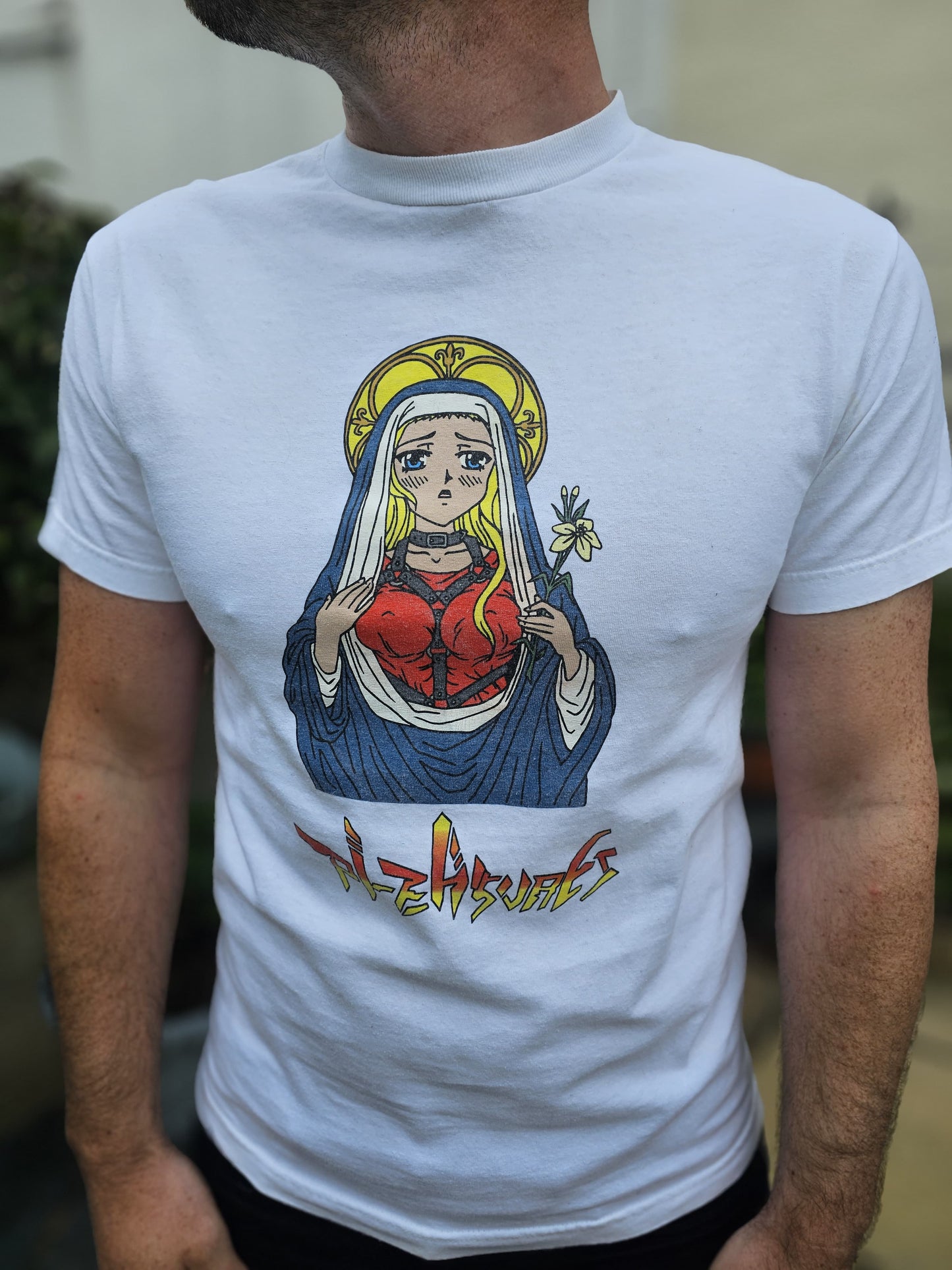 Pleasures Graphic White Short Sleeve Mary Anime/Manga Style T-Shirt - M/Medium