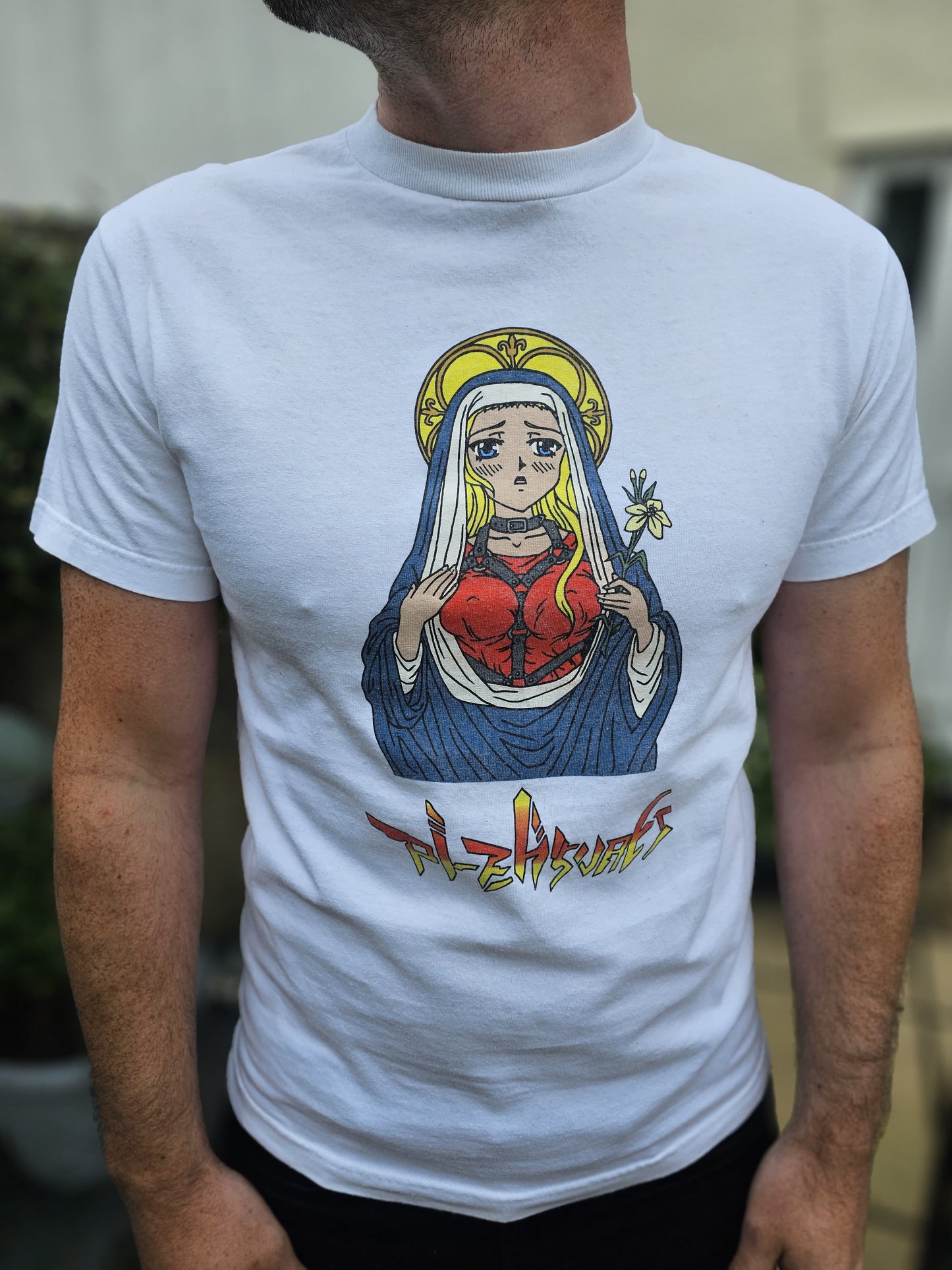 Pleasures Graphic White Short Sleeve Mary Anime/Manga Style T-Shirt - M/Medium