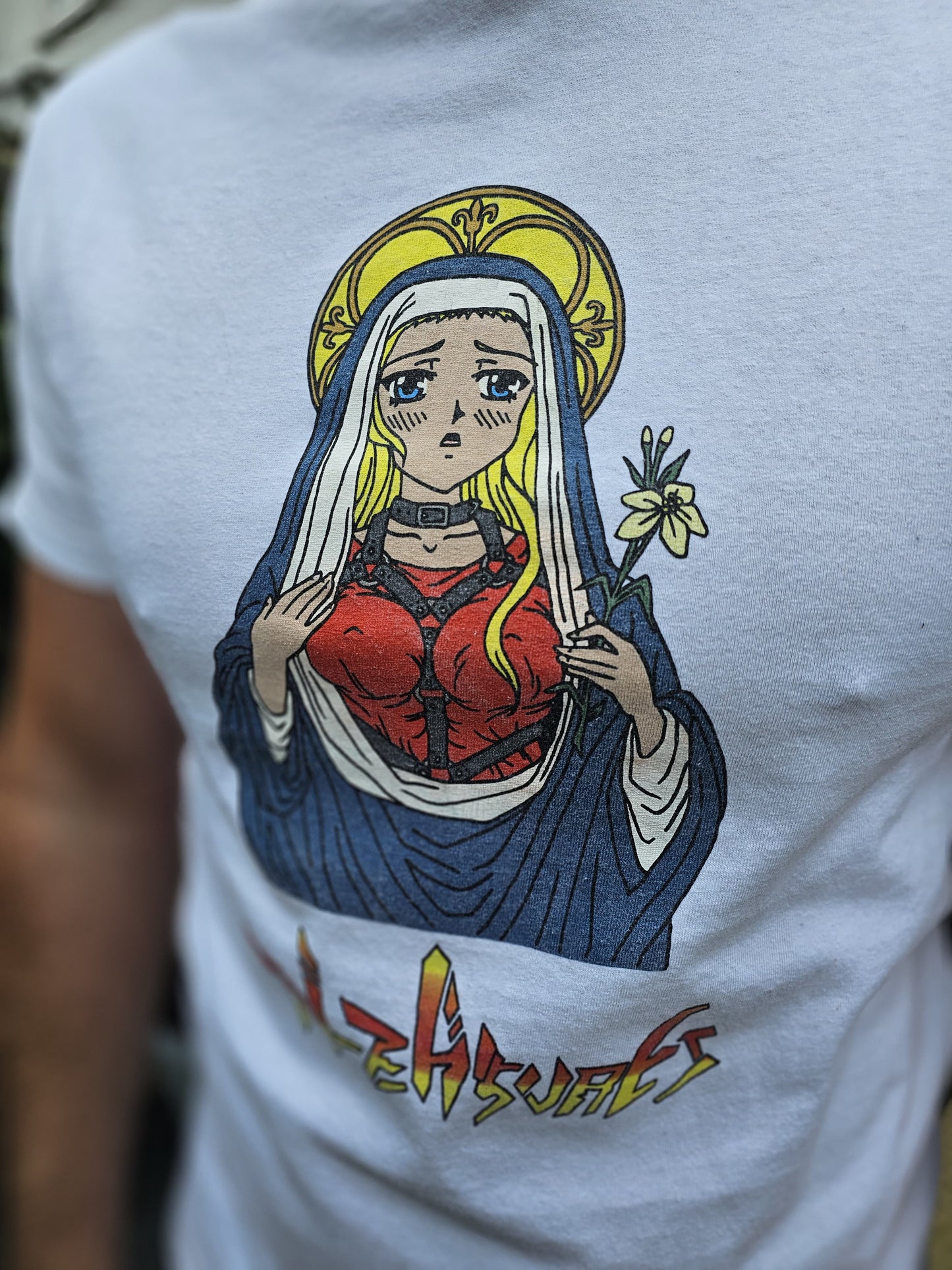 Pleasures Graphic White Short Sleeve Mary Anime/Manga Style T-Shirt - M/Medium