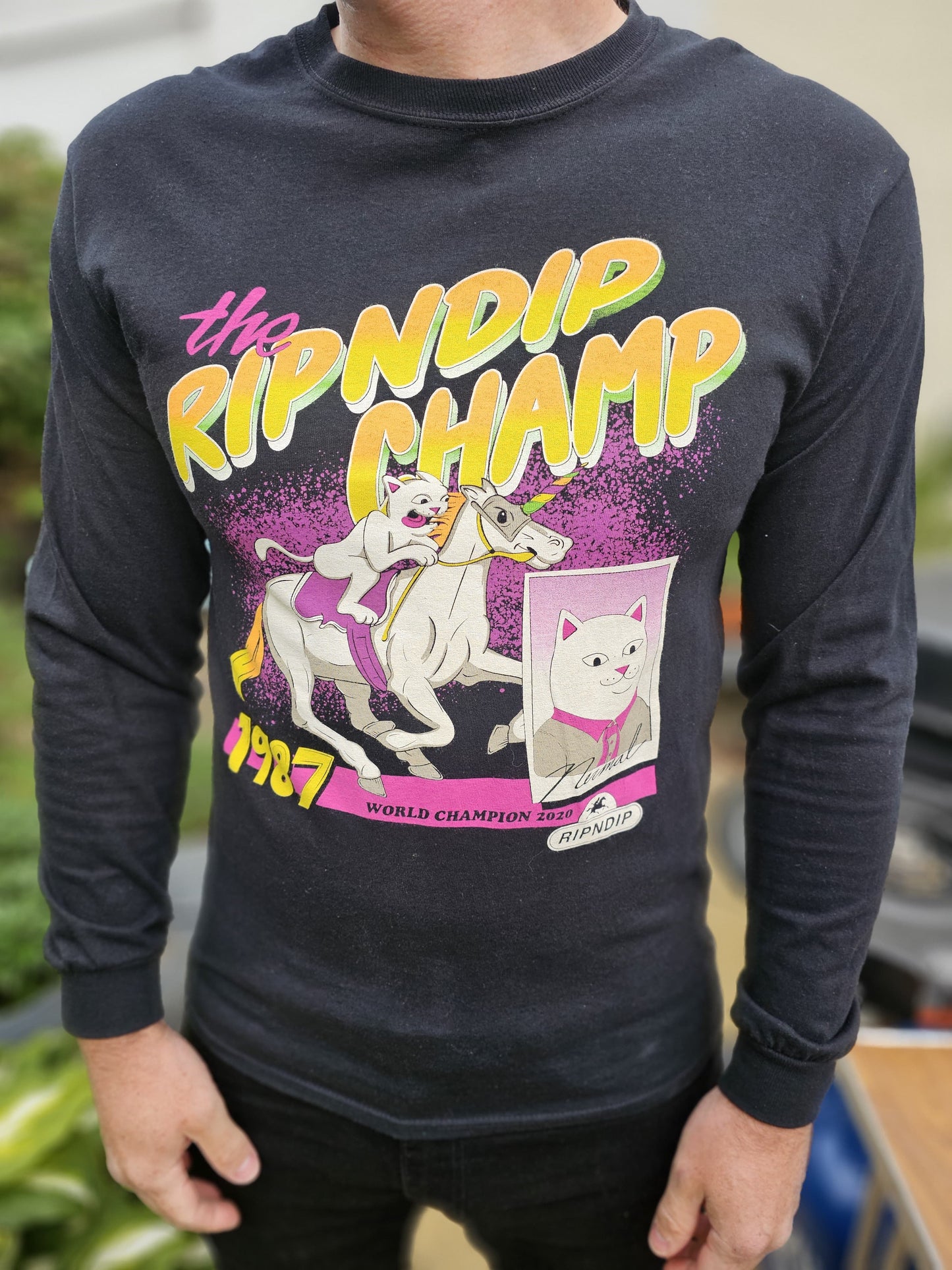 Ripndip Black Long Sleeve Riding Champ Nermal Print T-Shirt - M/Medium