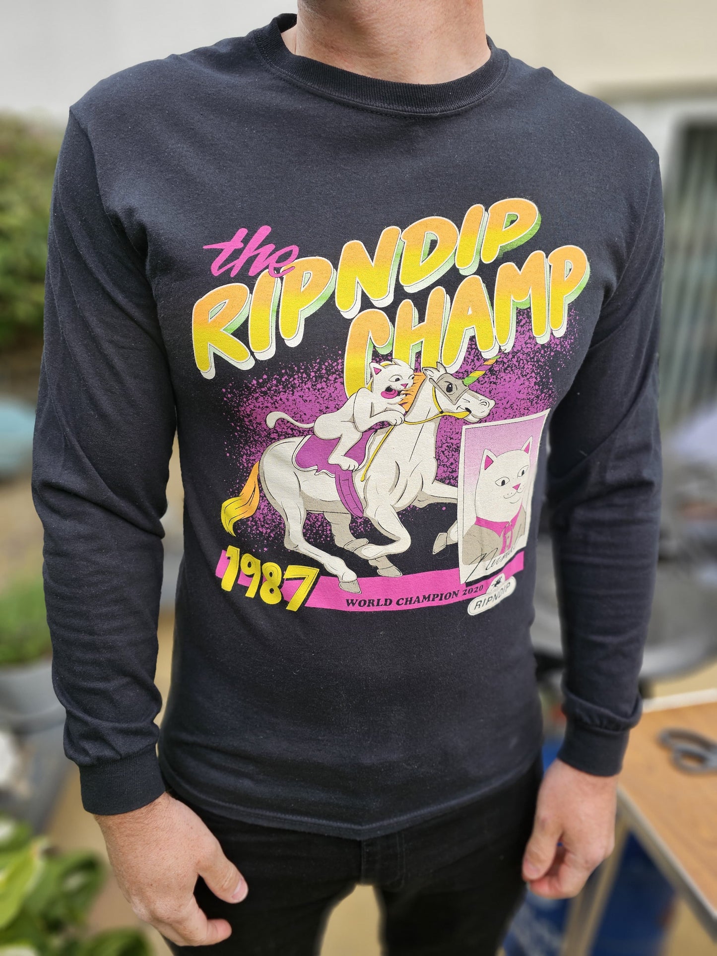 Ripndip Black Long Sleeve Riding Champ Nermal Print T-Shirt - M/Medium