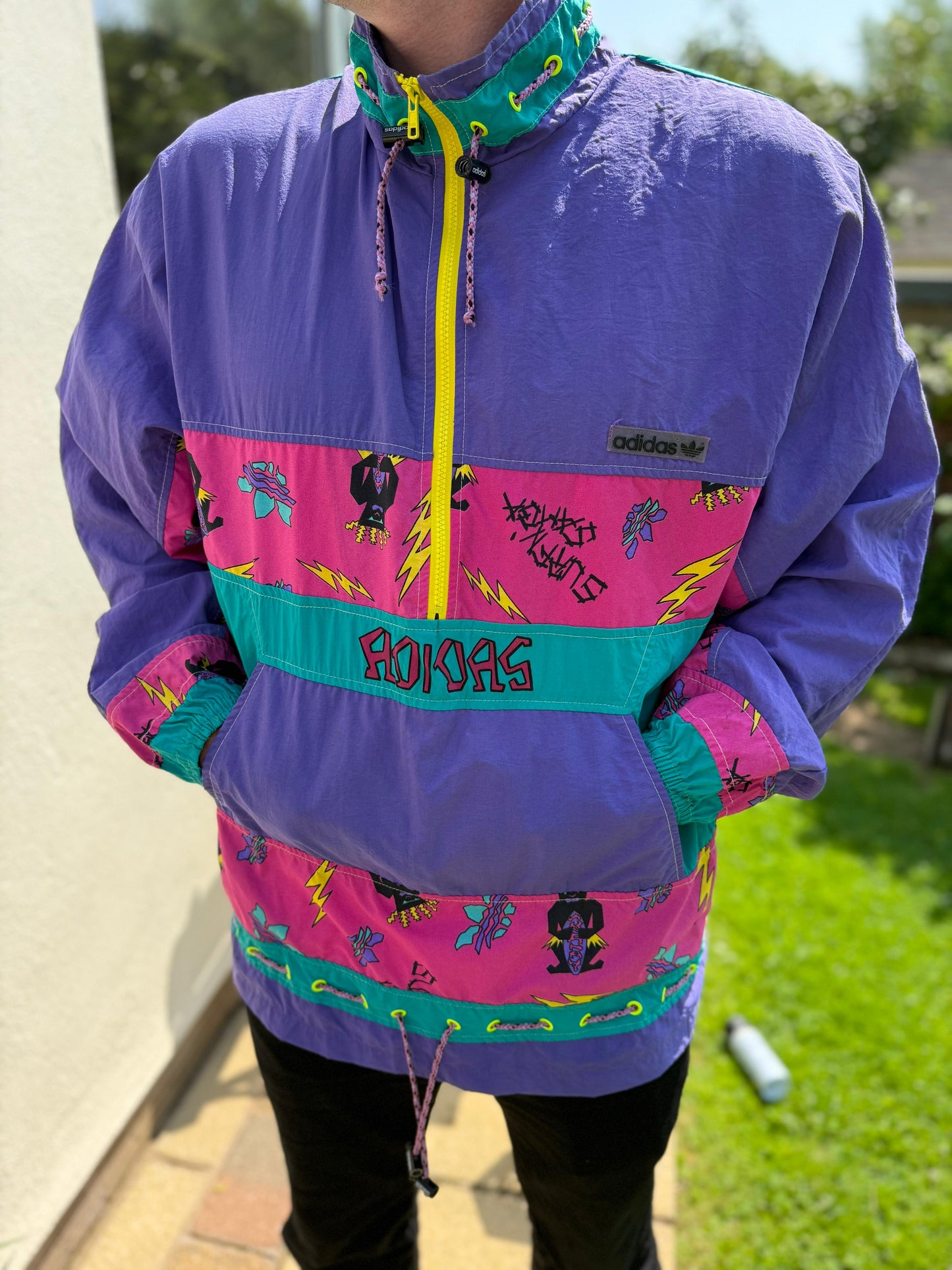 Vintage Adidas Tiki Style Full Zip Windbreaker Track Jacket 80s 90 - L/Large