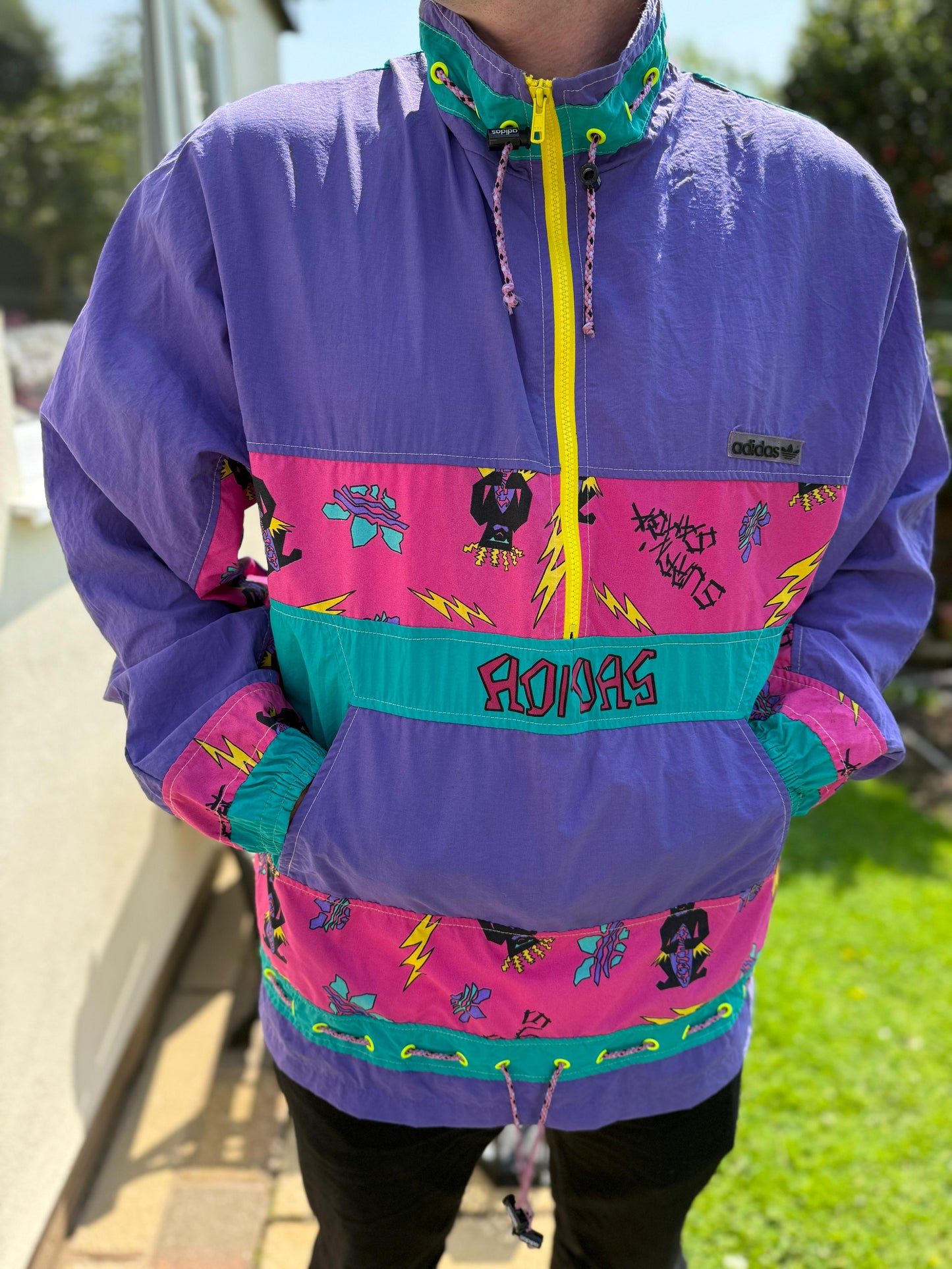 Vintage Adidas Tiki Style Full Zip Windbreaker Track Jacket 80s 90 - L/Large