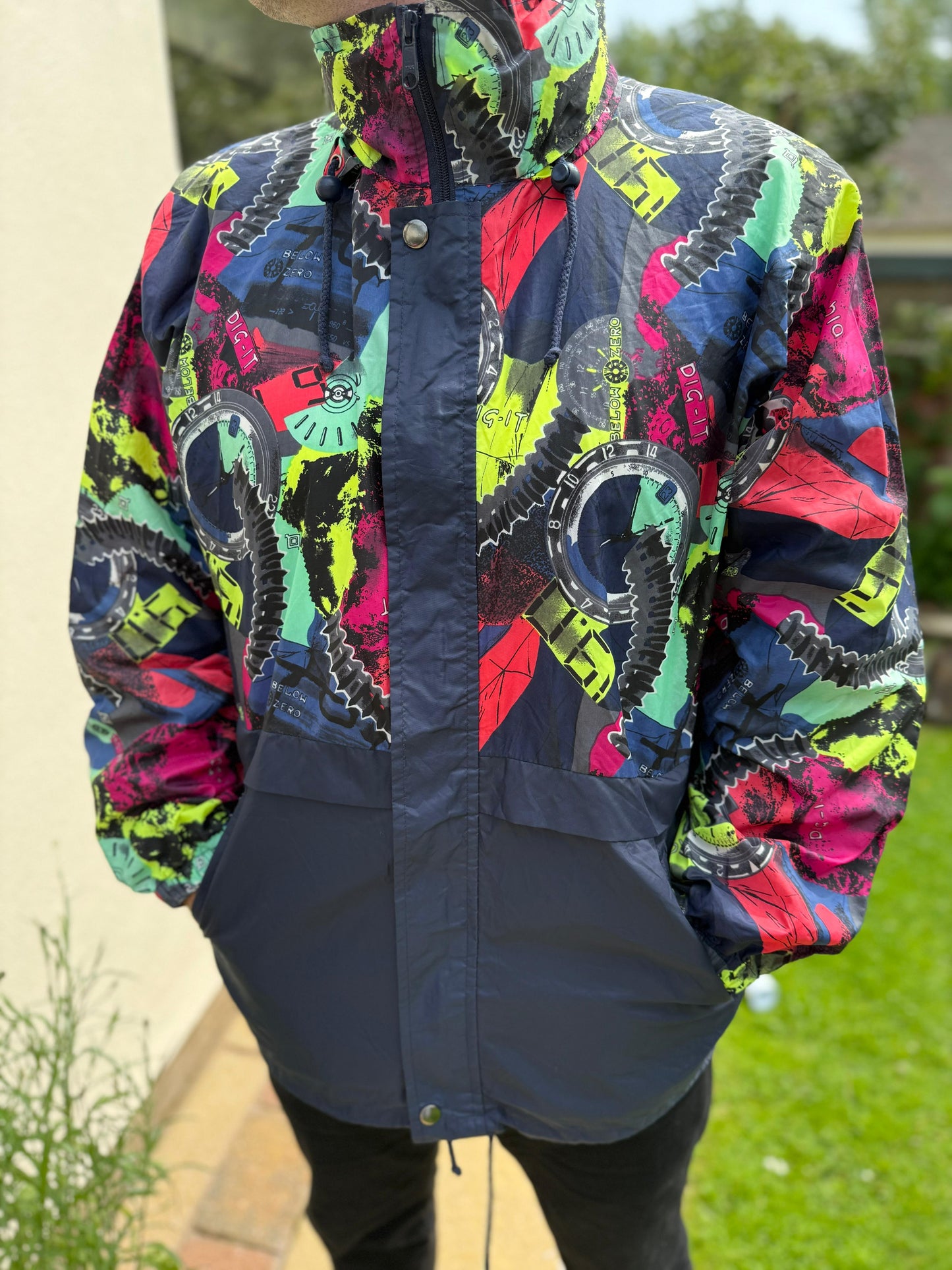 Awesome Vintage Retro Packable Full Zip Windbreaker Time Watch Clock Jacket - L/Large