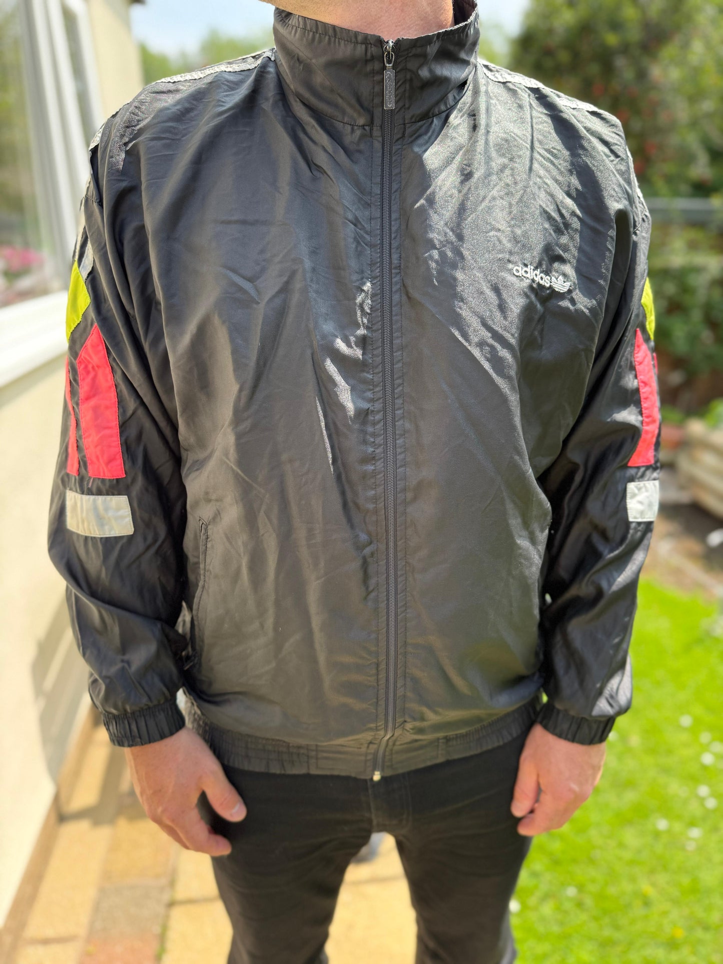 Vintage Adidas Black Full Zip Track Windbreaker Jacket - L/Large 40/42