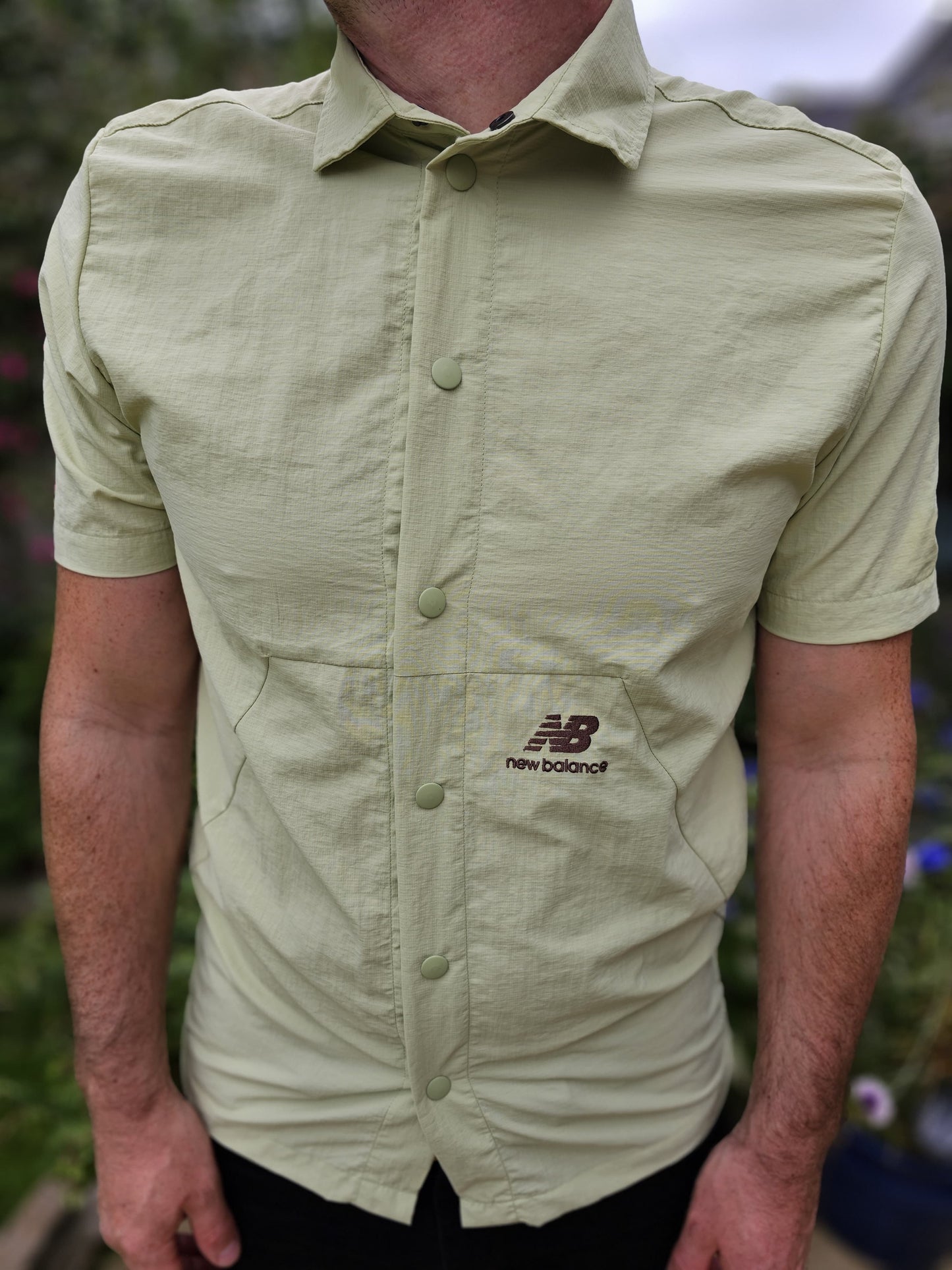 New Balance Tech Pale Green Snap Button Short Sleeve Shirt