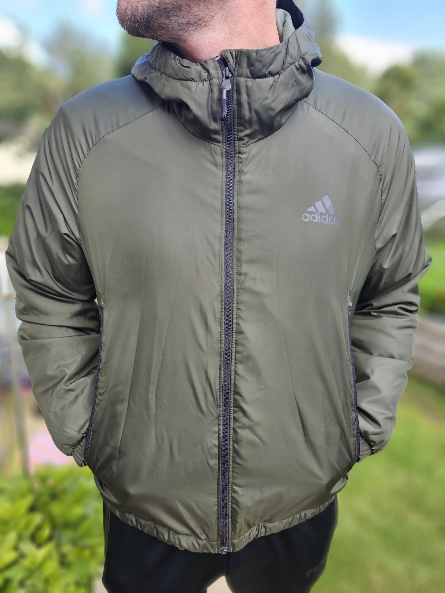 Adidas Cityns Lined Khaki Full Zip Hooded Lightweight Insulated Jacket - L/Large