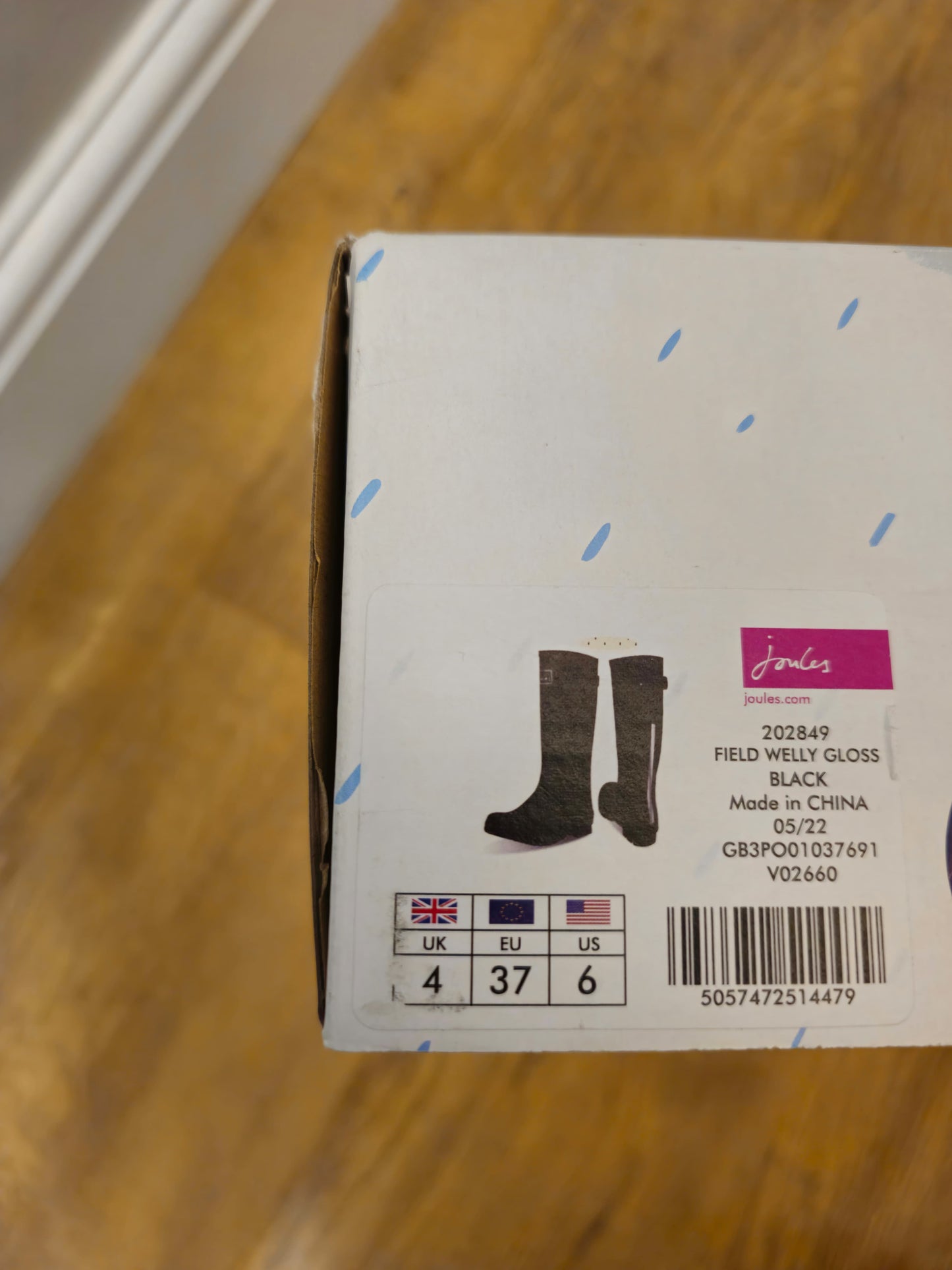 New In Box Joules Field Welly Gloss Black Wellington Boots - RRP 59.95