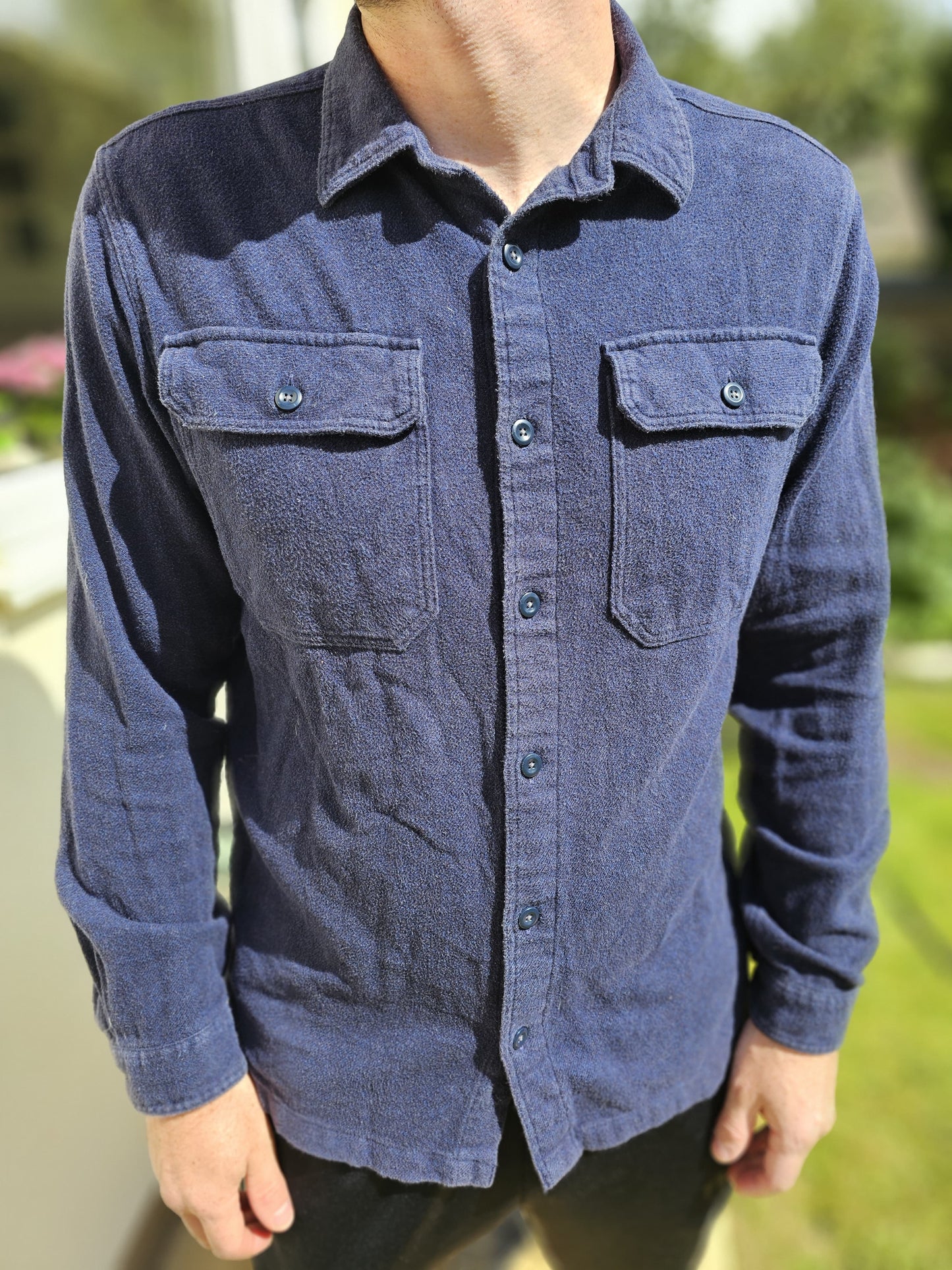 Patagonia Long Sleeve Button Up Fjord Flannel Navy Pocket Shirt 100% Organic Cotton - M/Medium