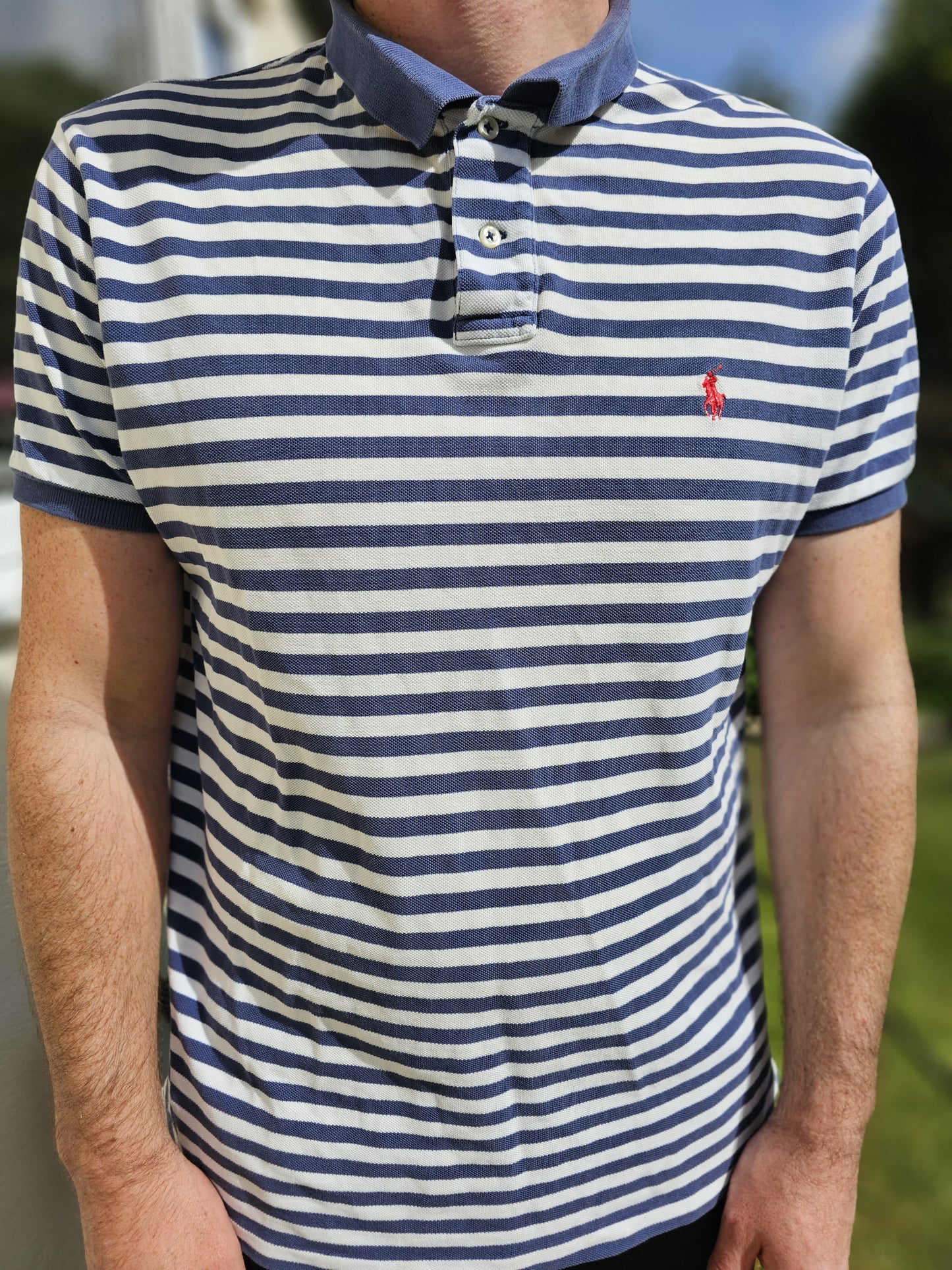 Vintage Ralph Lauren Blue/White Striped Pony Custom Fit Polo Shirt - XL/Extra Large