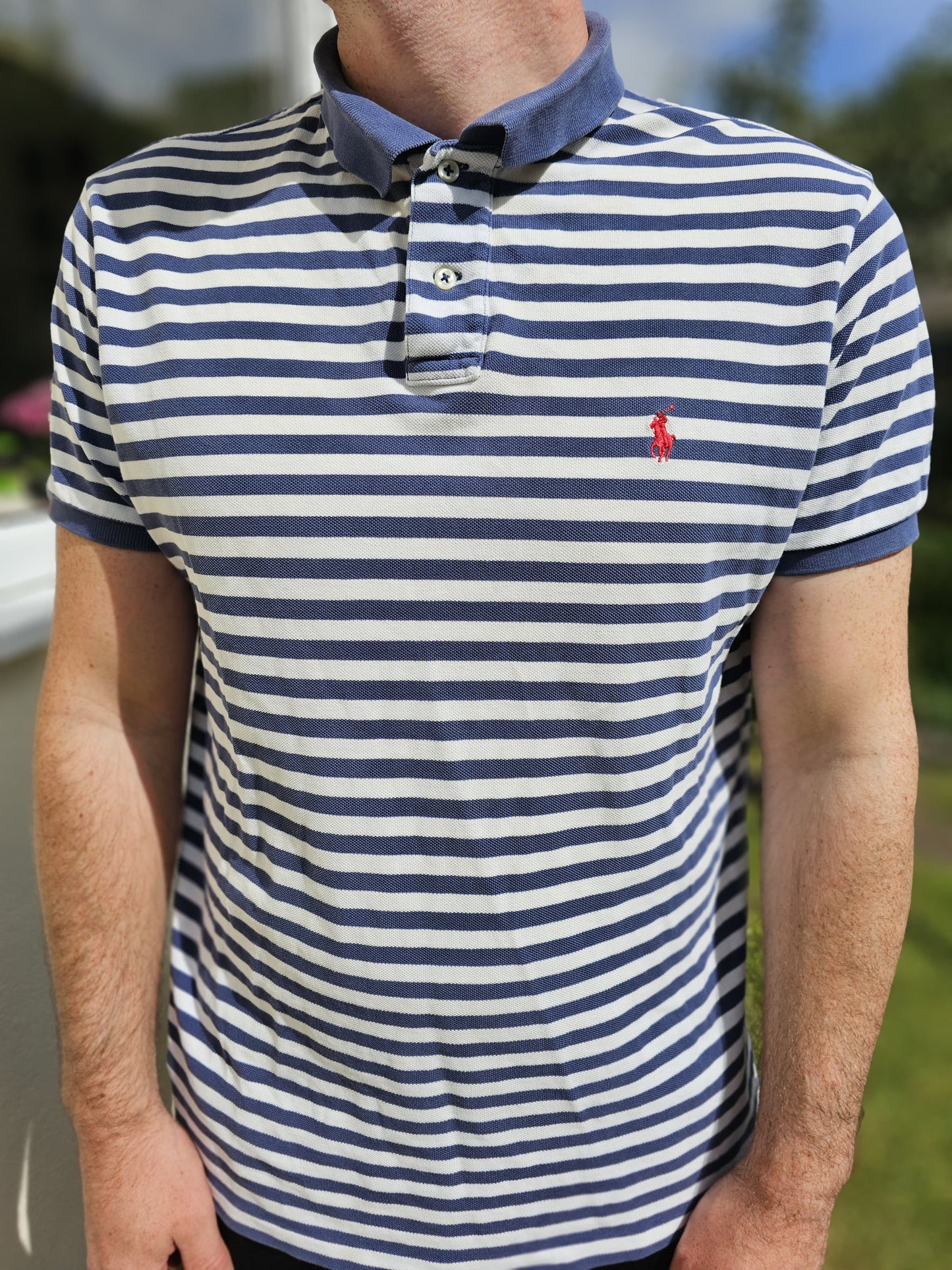 Vintage Ralph Lauren Blue/White Striped Pony Custom Fit Polo Shirt - XL/Extra Large