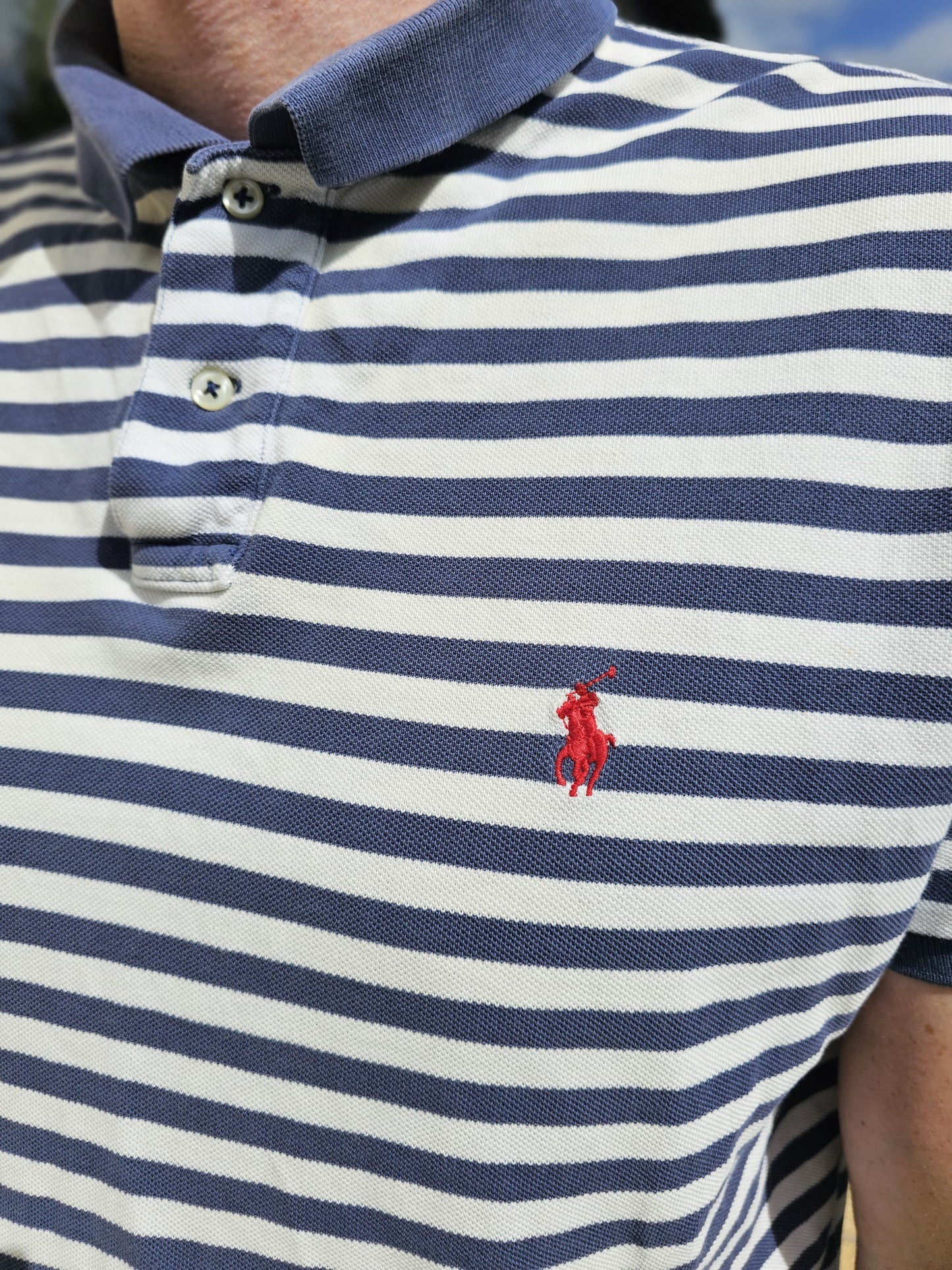 Vintage Ralph Lauren Blue/White Striped Pony Custom Fit Polo Shirt - XL/Extra Large