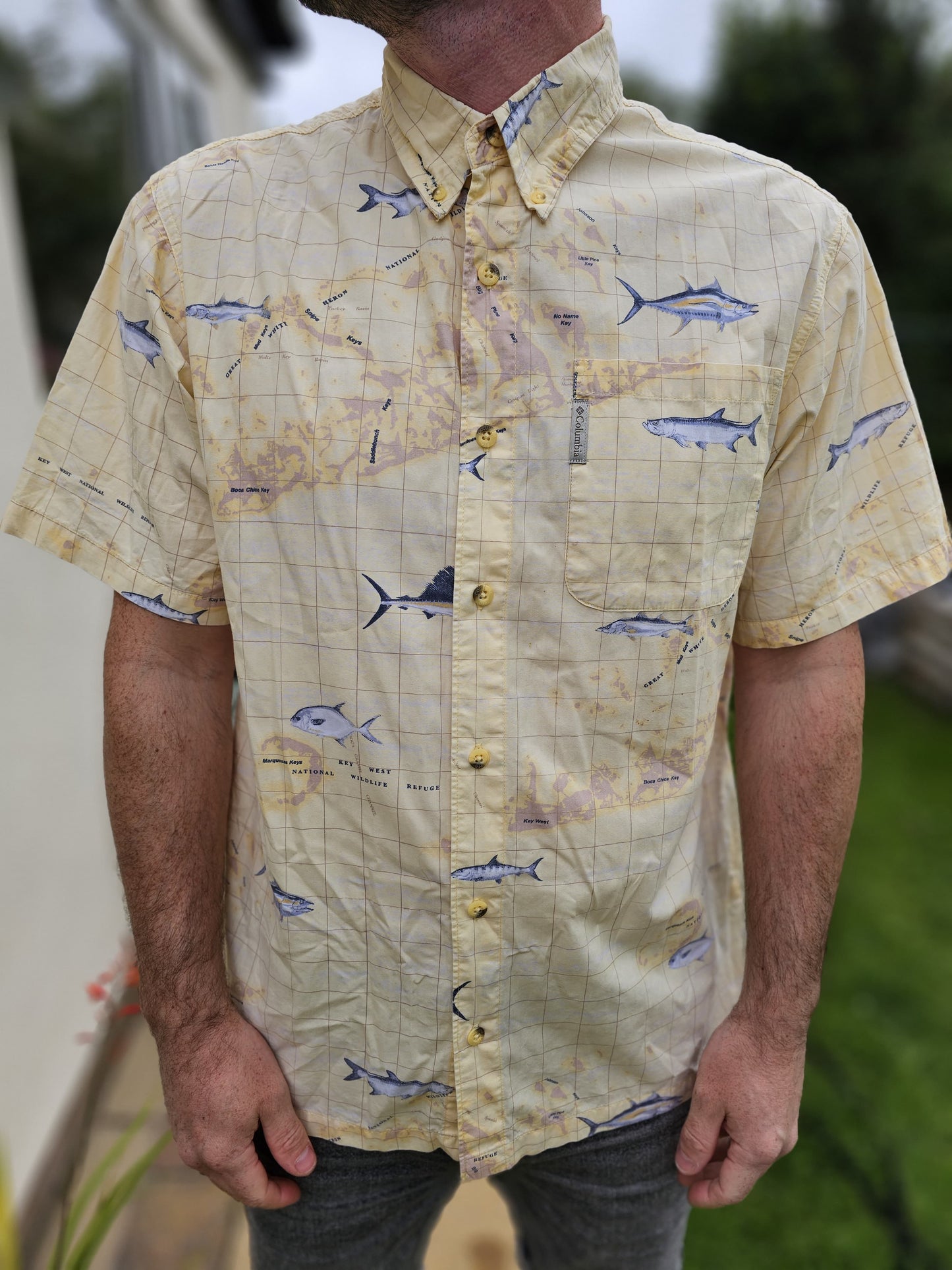 Vintage Columbia River Lodge Geographical Fishing Short Sleeve Shirt - M/Medium