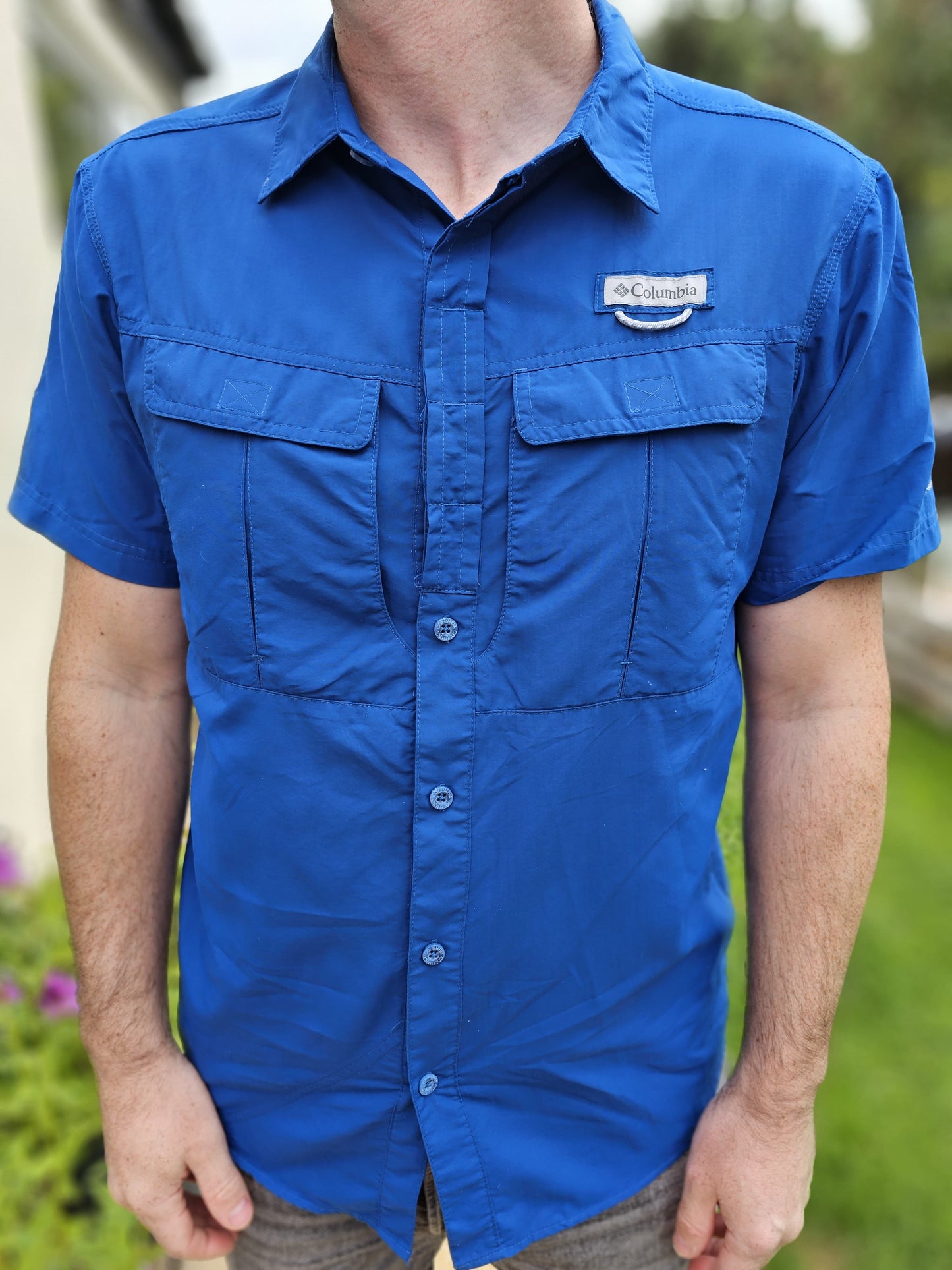 Columbia Technical/Utility Short Sleeve Hiking/Fishing Blue Shirt - M/Medium