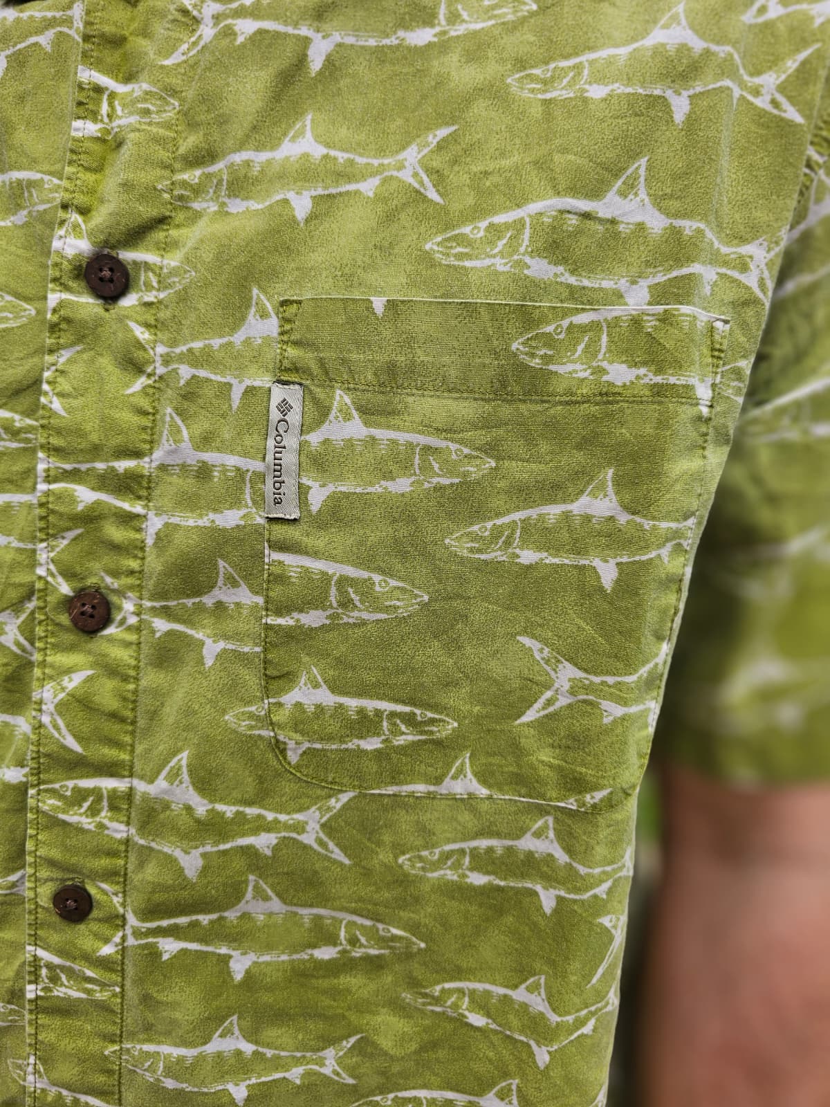 Vintage Columbia Green All Over Fish Print Short Sleeve Shirt - L/Large