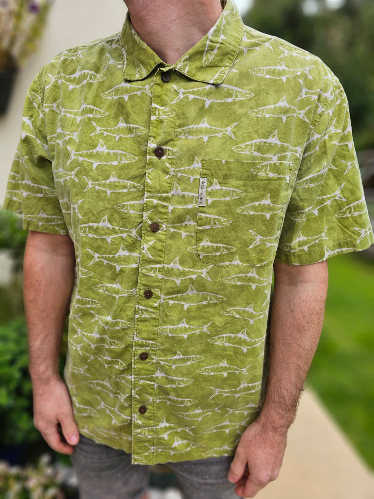 Vintage Columbia Green All Over Fish Print Short Sleeve Shirt - L/Large