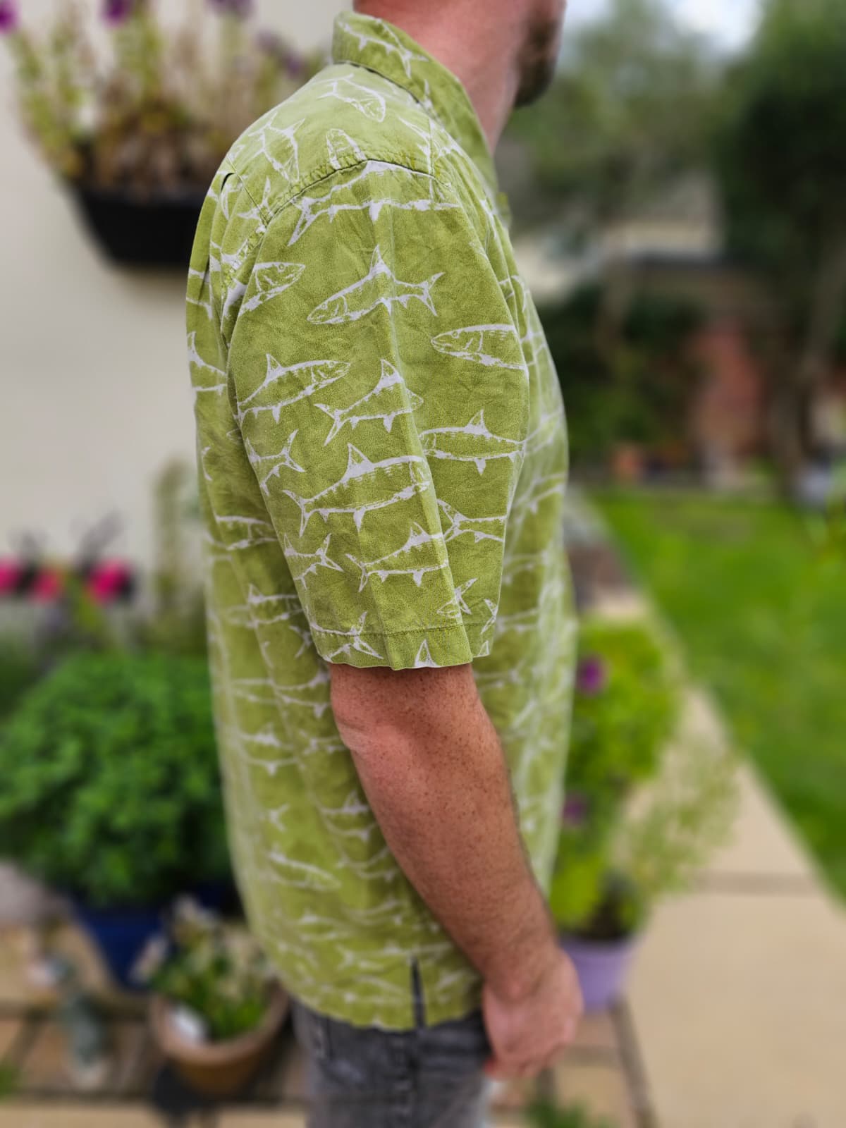 Vintage Columbia Green All Over Fish Print Short Sleeve Shirt - L/Large