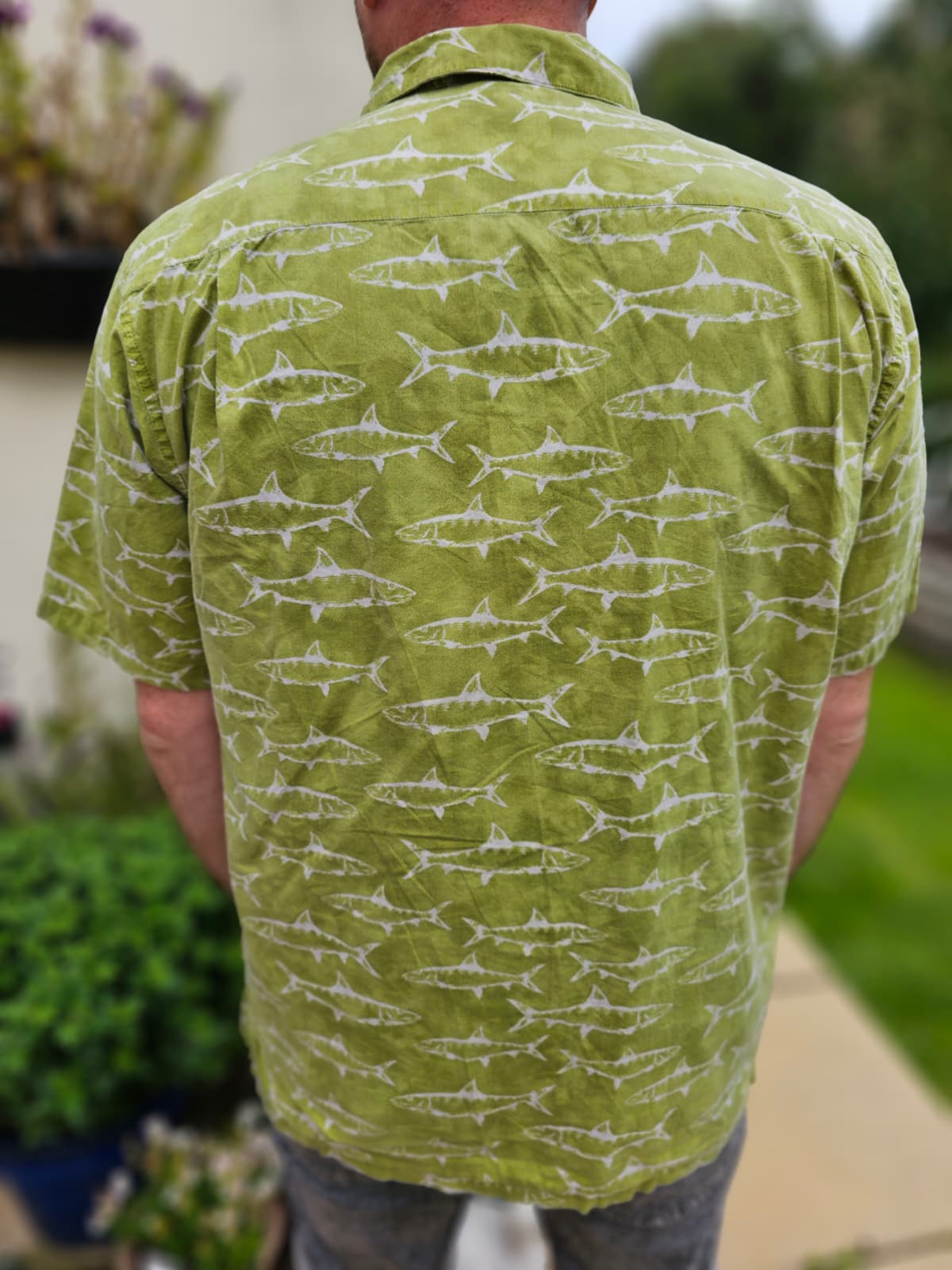 Vintage Columbia Green All Over Fish Print Short Sleeve Shirt - L/Large