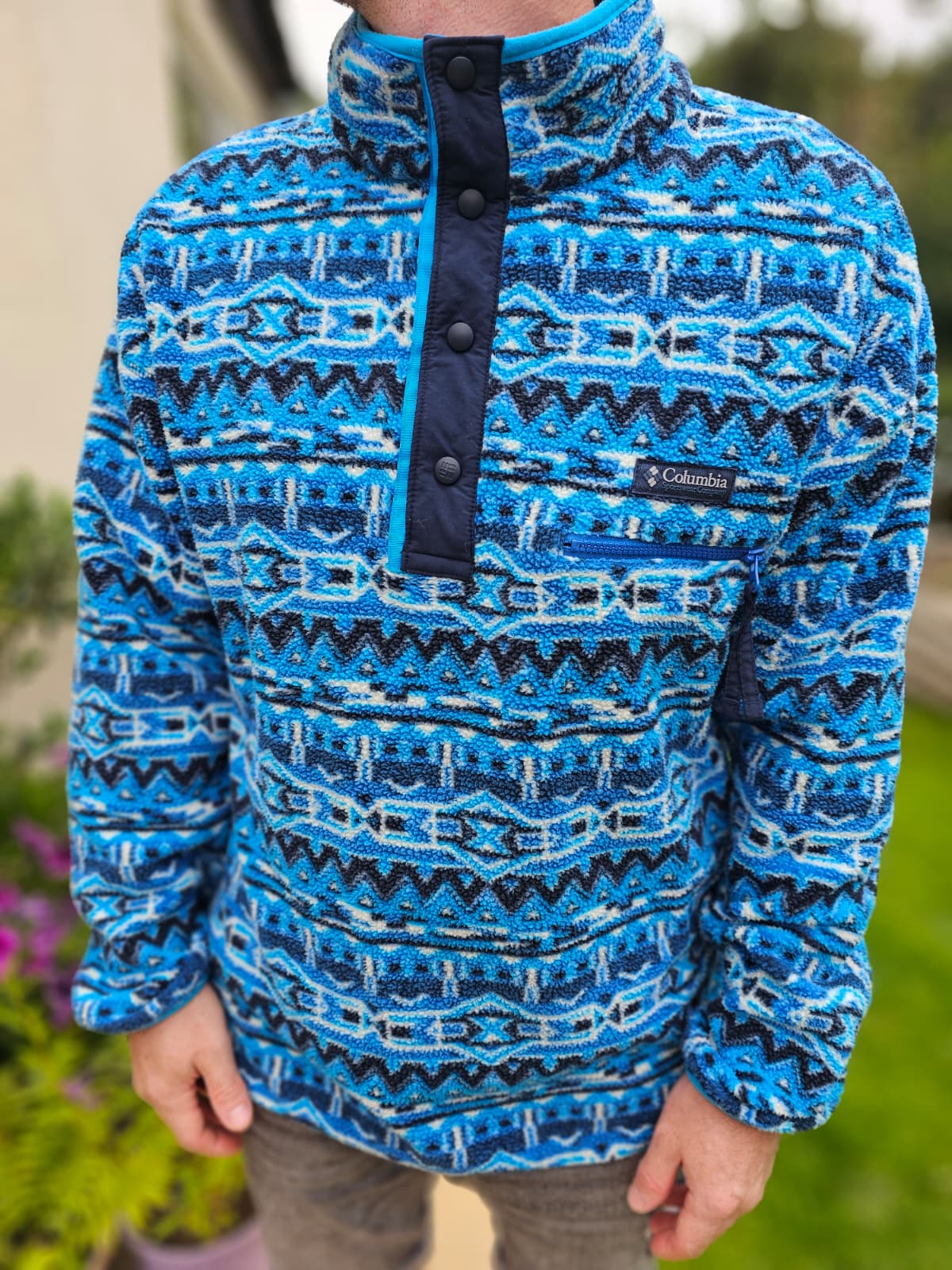 Columbia Aztec Blue Abstract Pullover Snap Fleece Jumper - L/Large