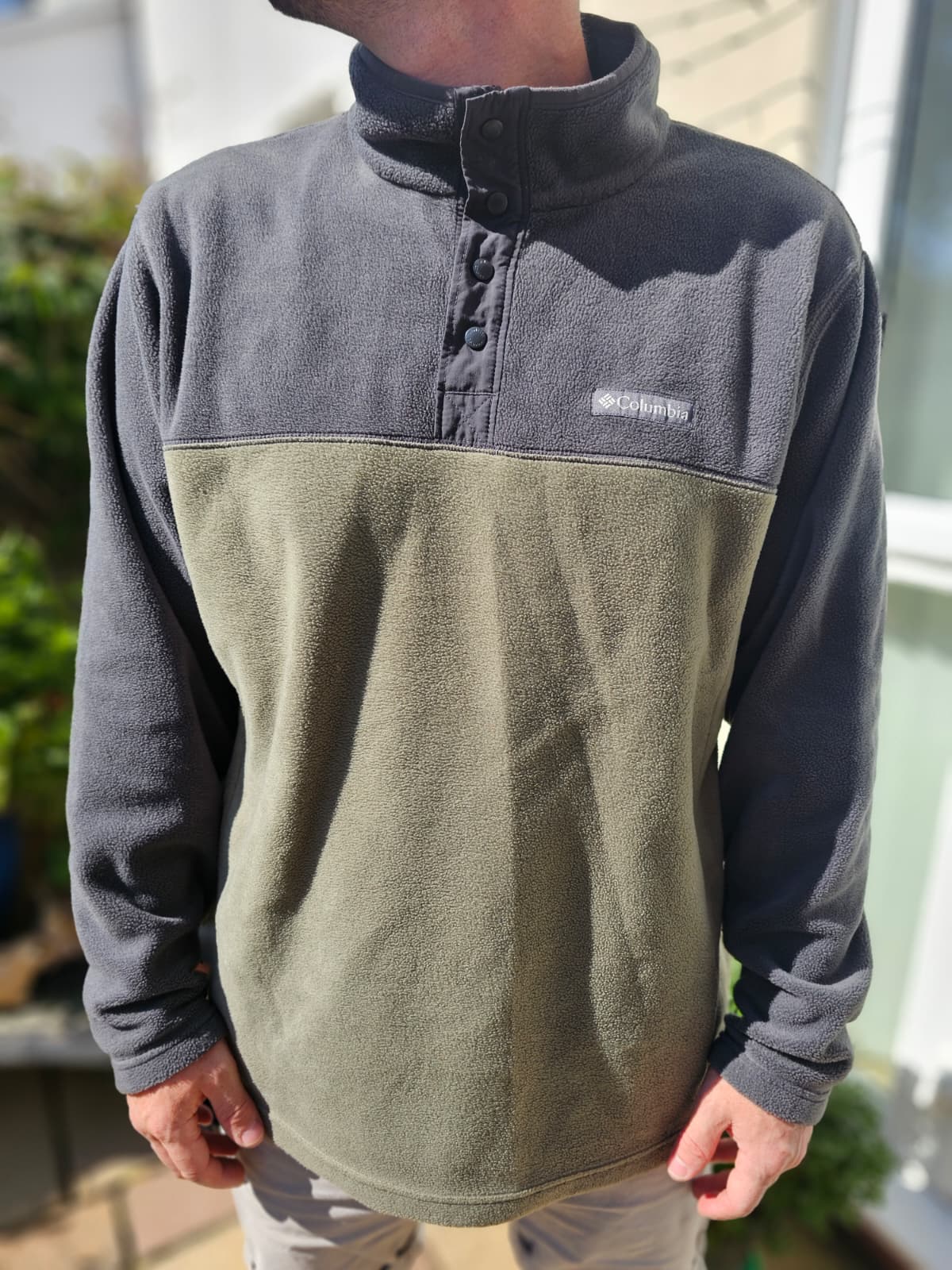 Columbia Khaki/Grey Pullover Snap Fleece Jumper - XL/Extra Large