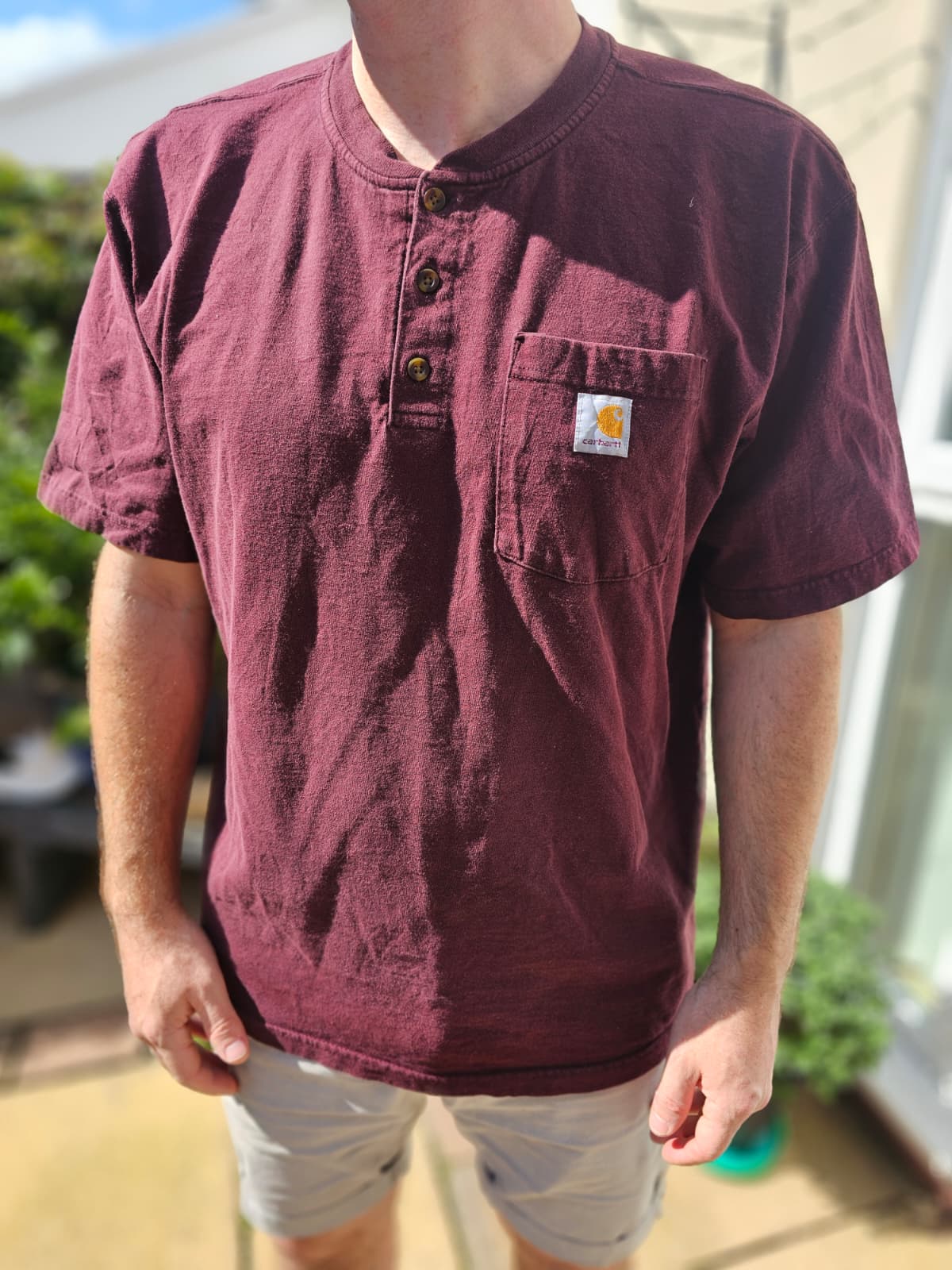 Mens Vintage Carharrt Maroon Loose Fit Short Sleeve Pocket T-Shirt - L/Large