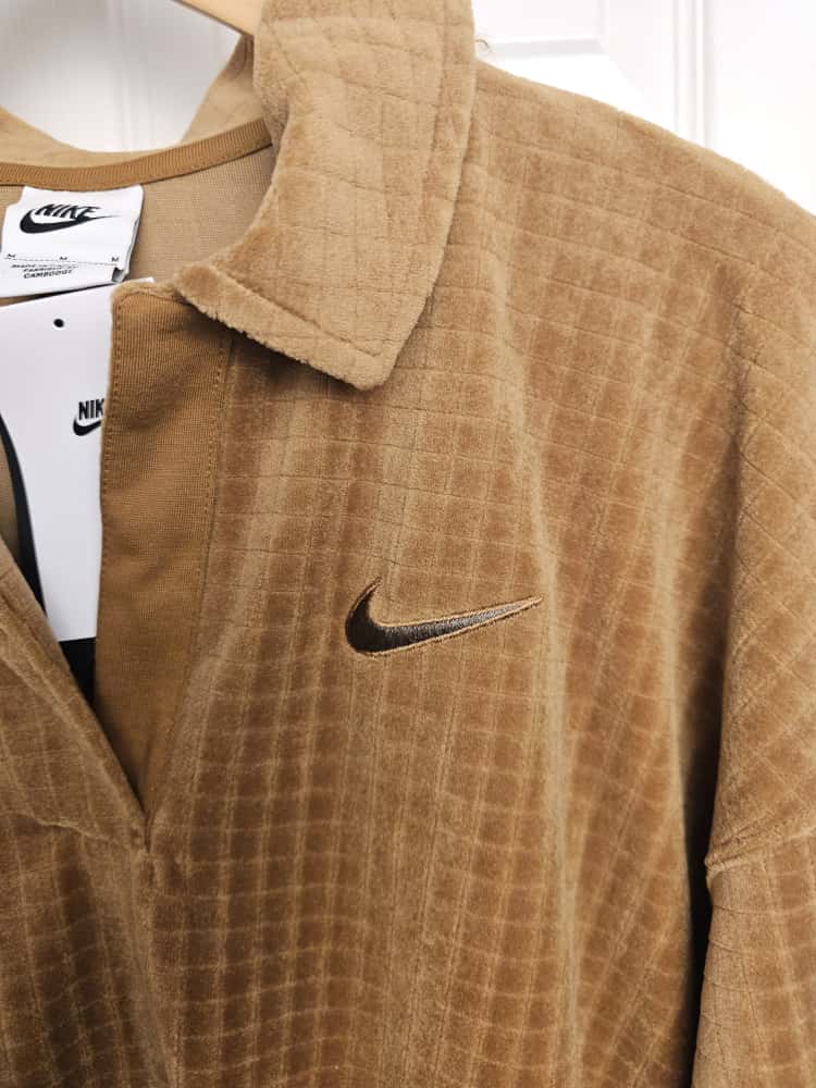 Nike Velour Long Sleeve Waffle Style Polo Top - M/Medium - UK 12-14 / Brown