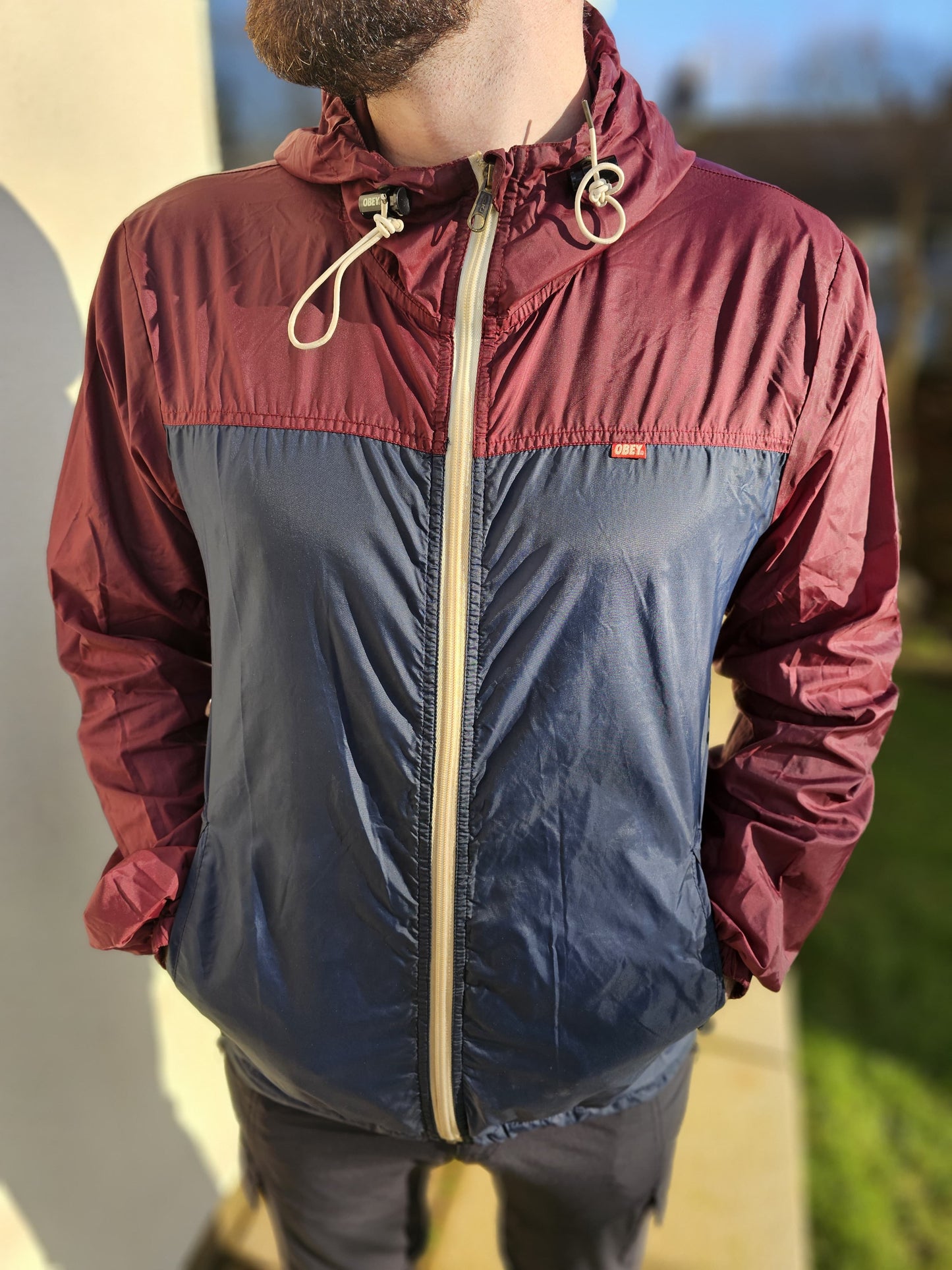 Awesome Obey Burgundy Windbreaker Rain Coat - L/Large