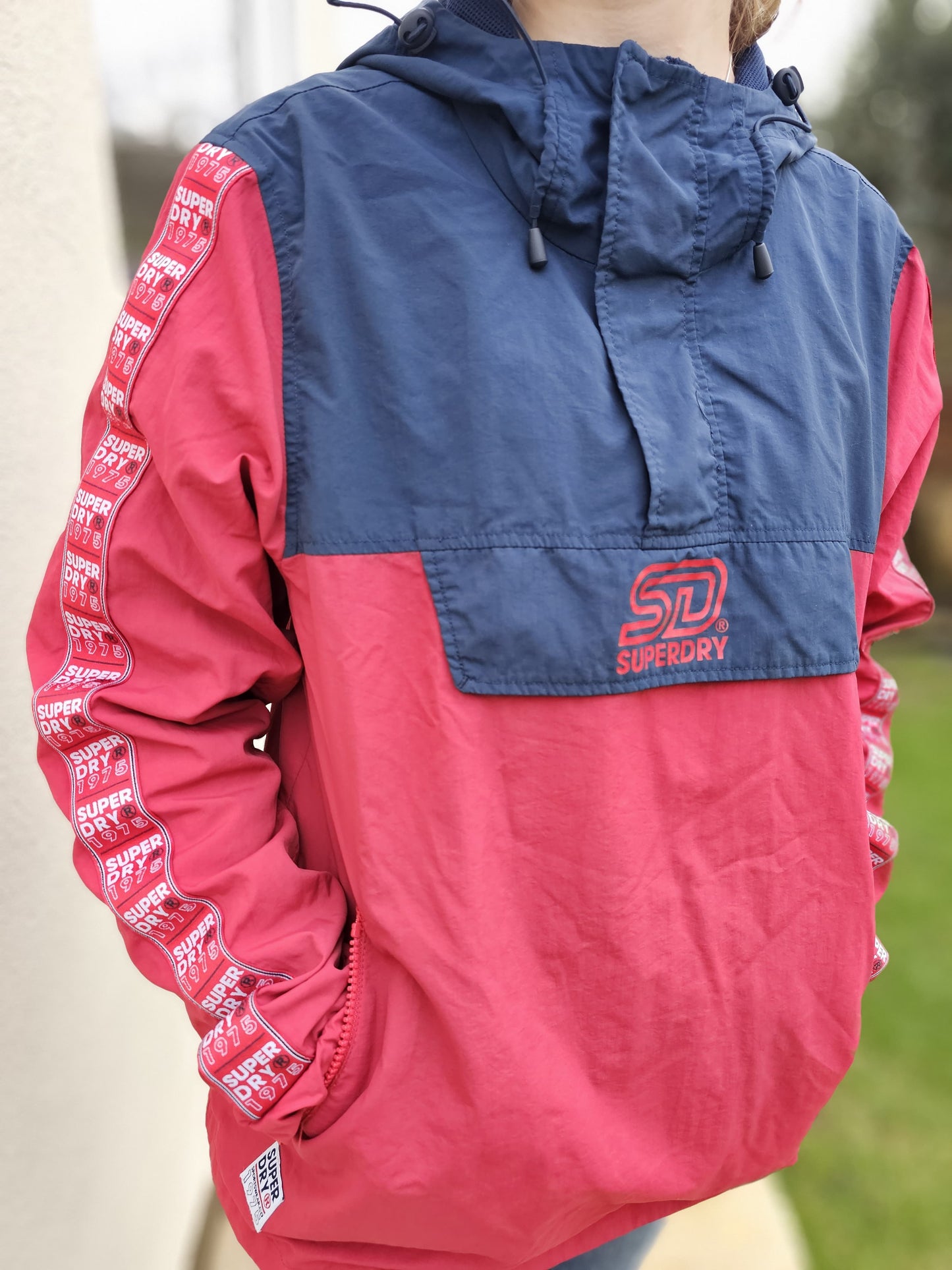 Superdry Red/Navy Pullover Hoodie Anorak Jacket Windbreaker Half Zip - 12/L/Large
