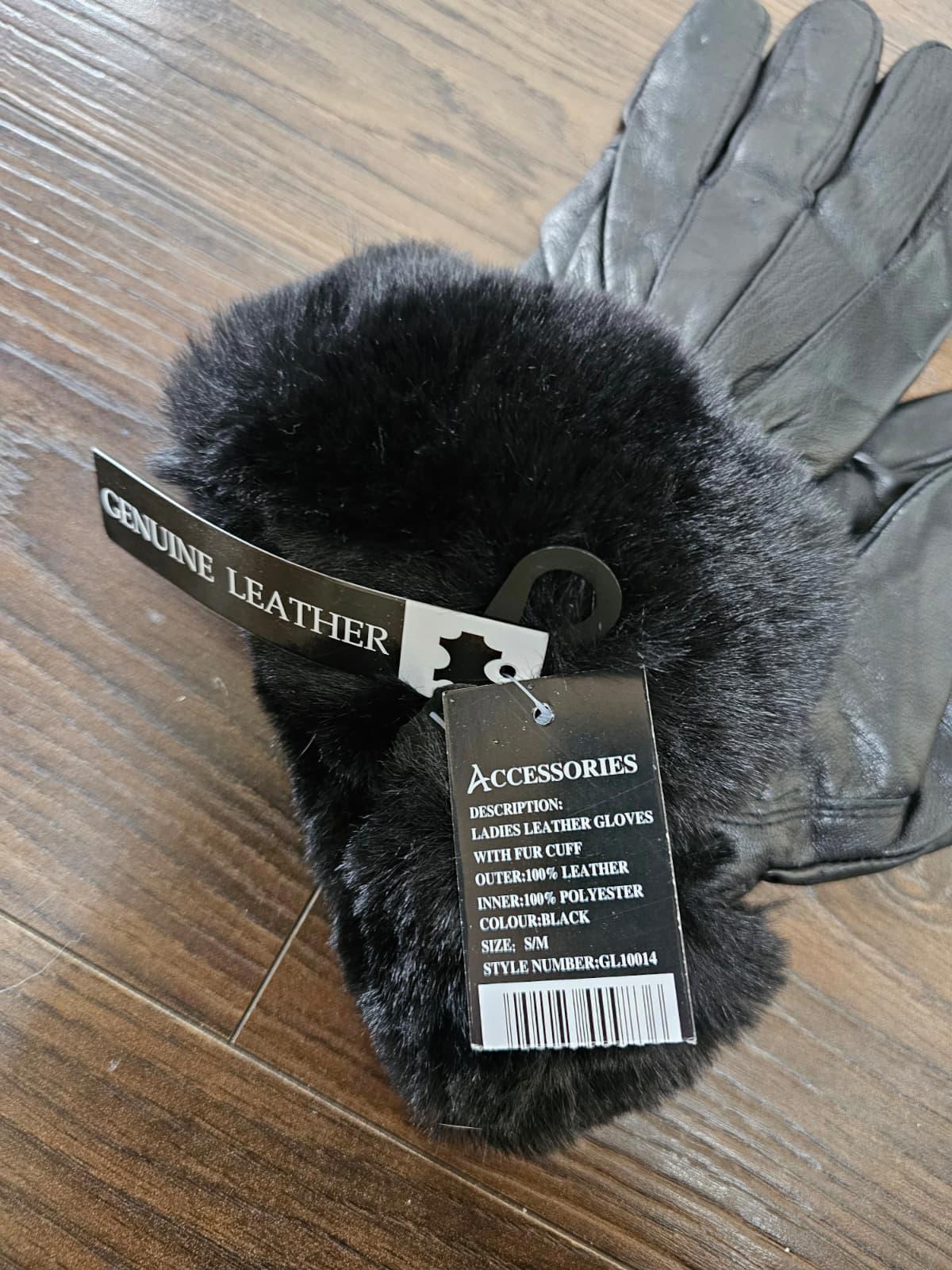 Genuine Womens/Ladies Black Leather Faux Furr Cuff Gloves - S/M Small/Medium