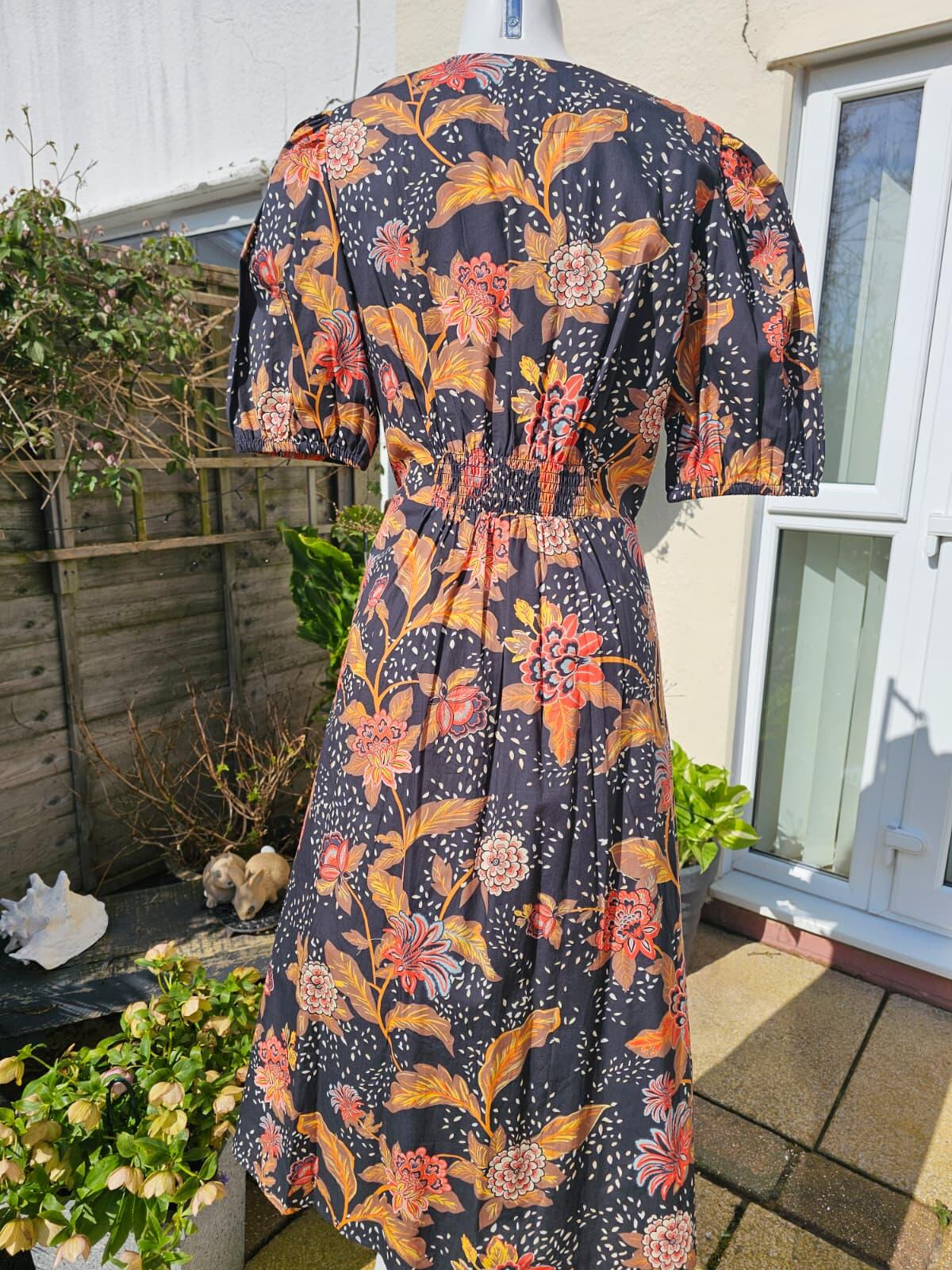 Joanie Rebecca Black Chintz Floral Print Puff Sleeve Button Front Midi Dress 18