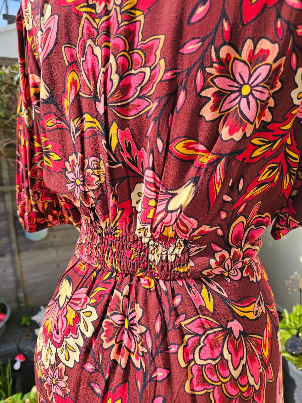 Joanie Womens Rebecca Burgundy Floral Print Puff Sleeve Midi Spring Dress -UK 18