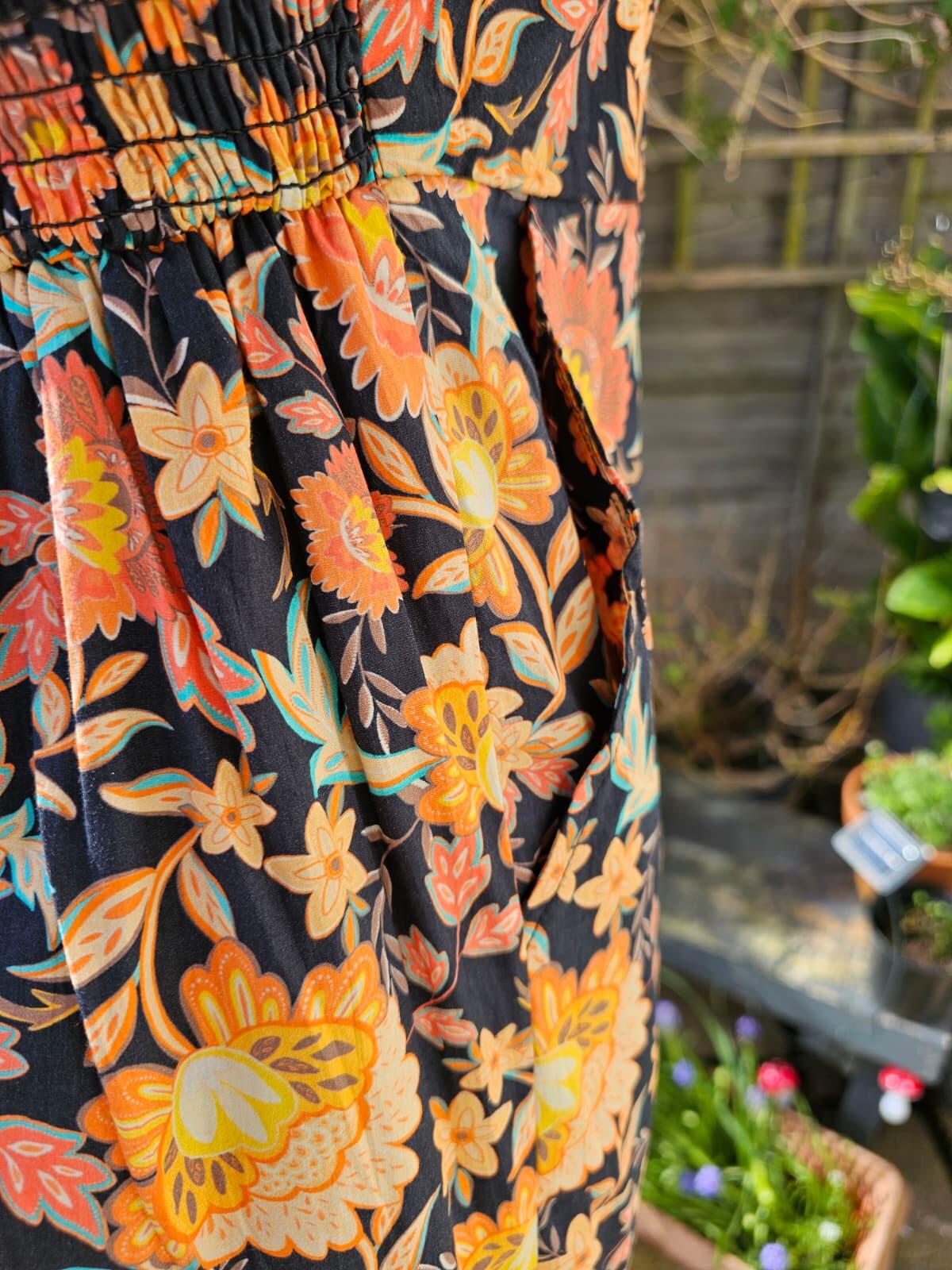 Joanie Penny Jacobean Floral Print Square Neck Puff Sleeve Spring Dress - UK 10