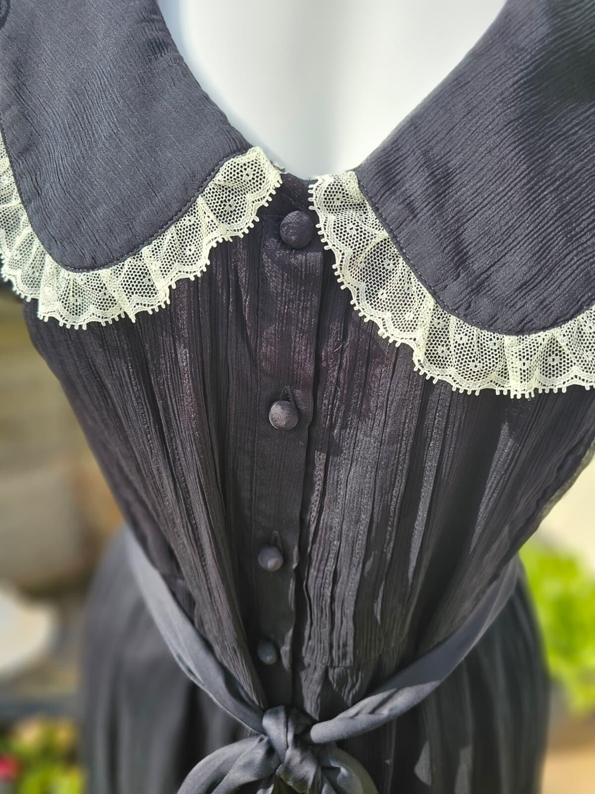 Joanie Peony Black Vintage Antique Styling Chiffon Lace Collar Midi Dress -12