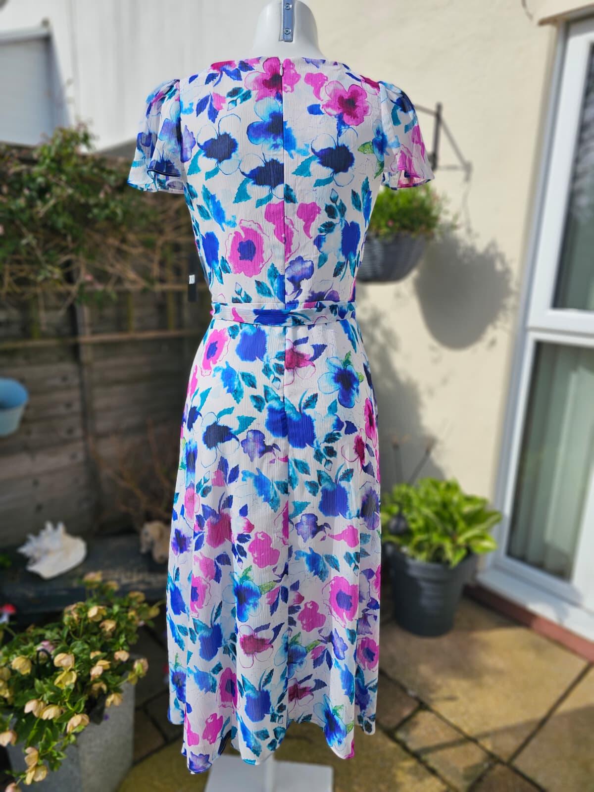 DKNY Womens Floral Midi Spring Summer Dress with Puff Sleeves and Belt - UK 6