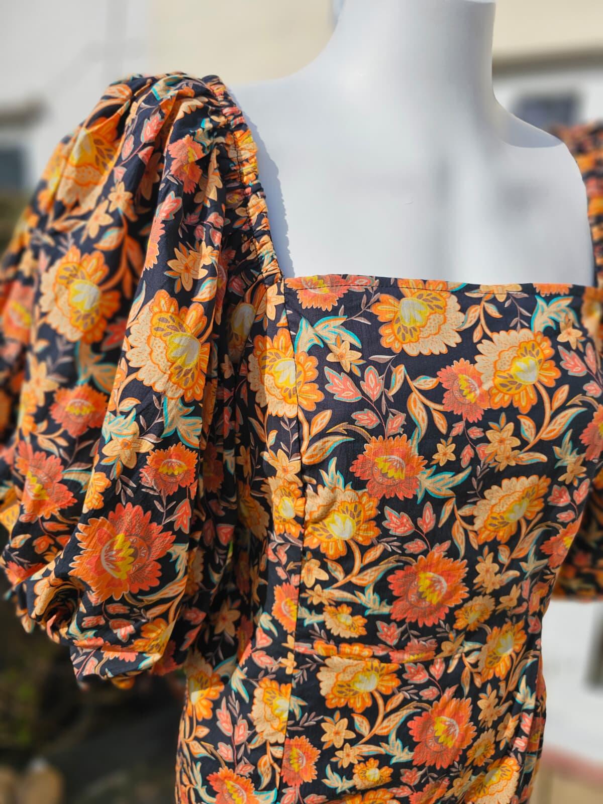 Joanie Penny Floral Print Square Neck Puff Sleeve Spring Dress - UK 18