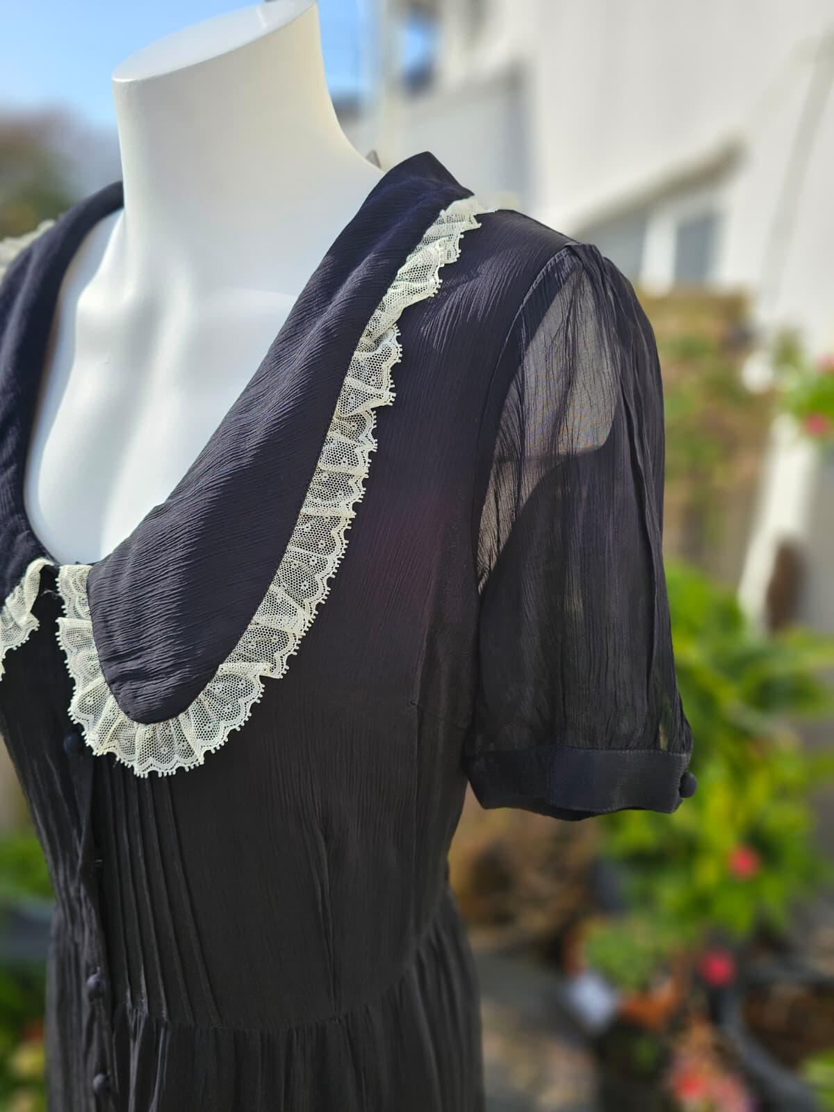 Joanie Peony Black Vintage Antique Styling Chiffon Lace Collar Midi Dress -UK 16