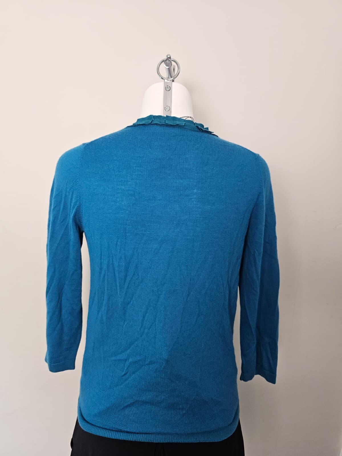 Boden Vintage 100% Wool Womens Ruffle Trim V Neck Cardigan - Teal Blue - UK 12