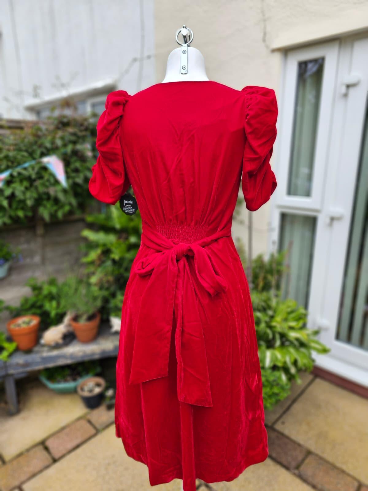Christina Hendricks Joanie Neroli Puff Sleeve Velvet Dress Scarlett Red - UK 8