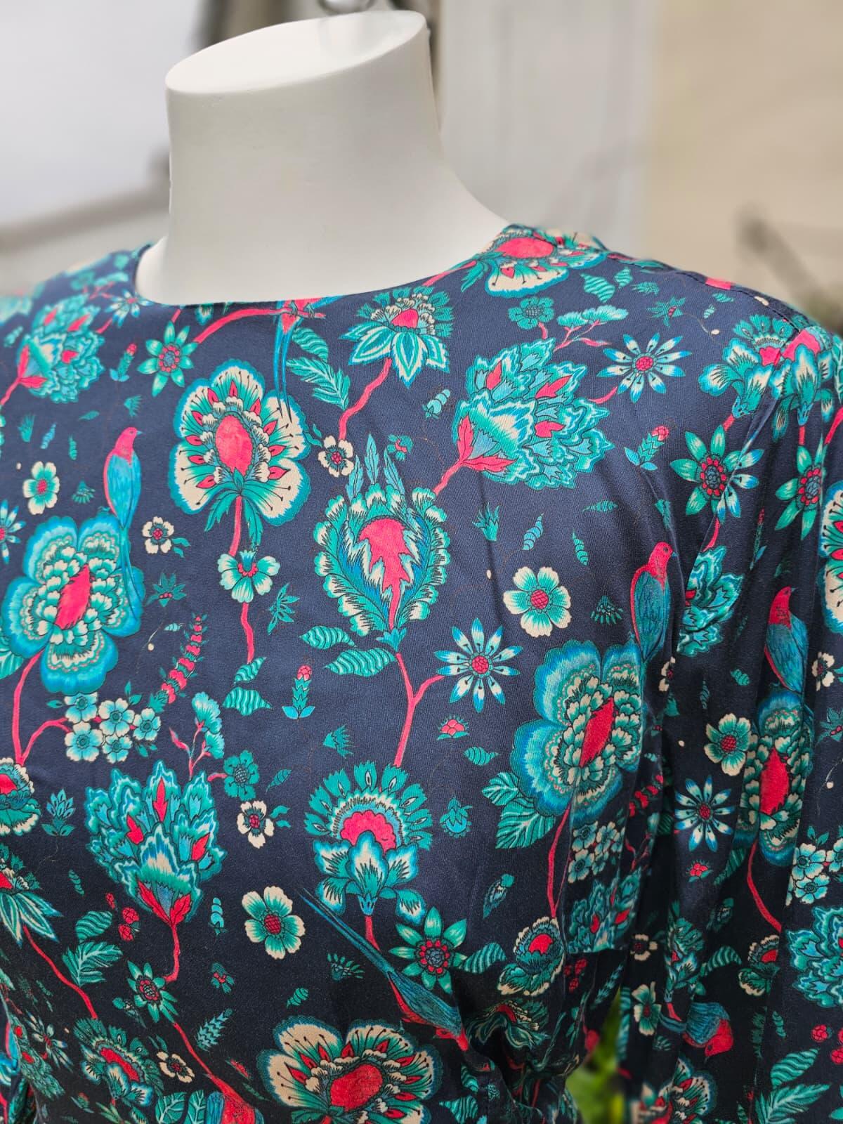 Joanie Caroline Floral Bird Floral Fauna Print Ruffle Mini Spring Dress - UK 16