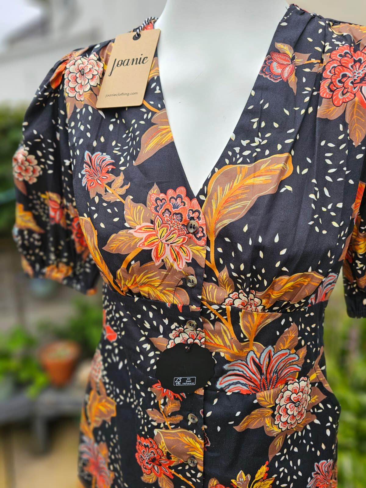 Joanie Rebecca Black Chintz Floral Print Puff Sleeve Button Front Midi Dress 10