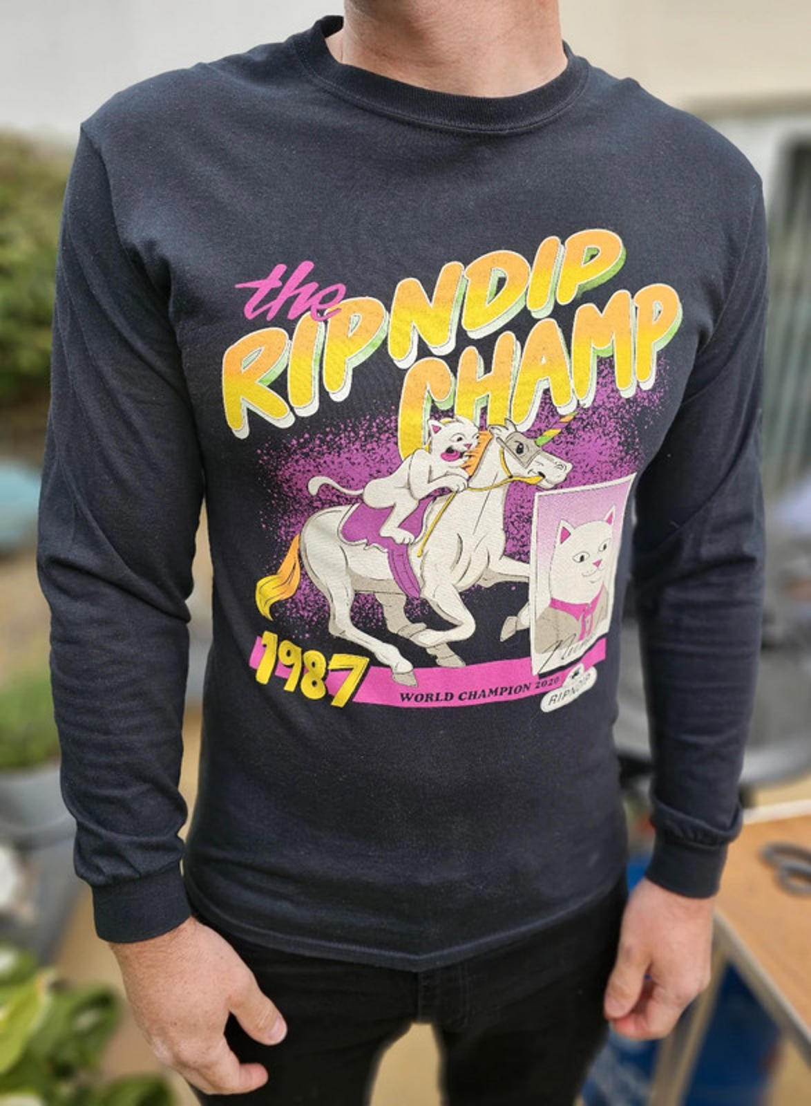 Ripndip Black Long Sleeve Riding Champ Nermal Print T-Shirt - M/Medium*