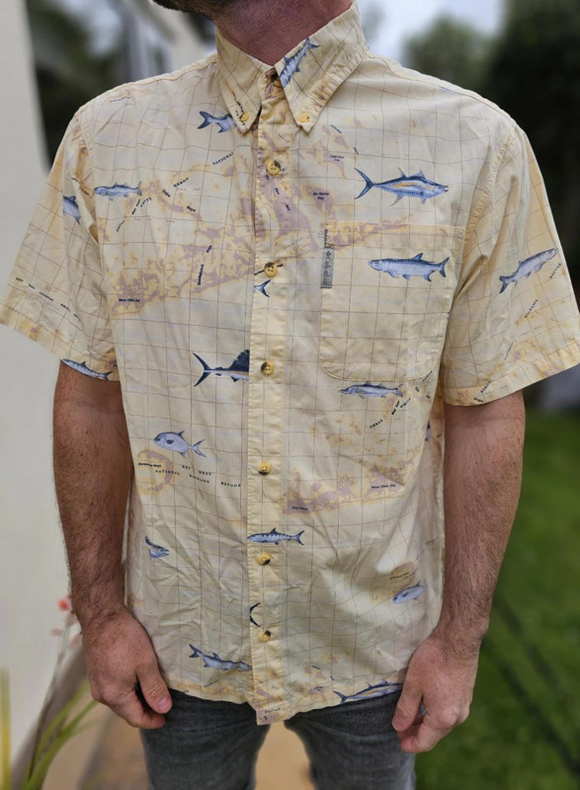 Vintage Columbia River Lodge Geographical Fishing Short Sleeve Shirt - M/Medium